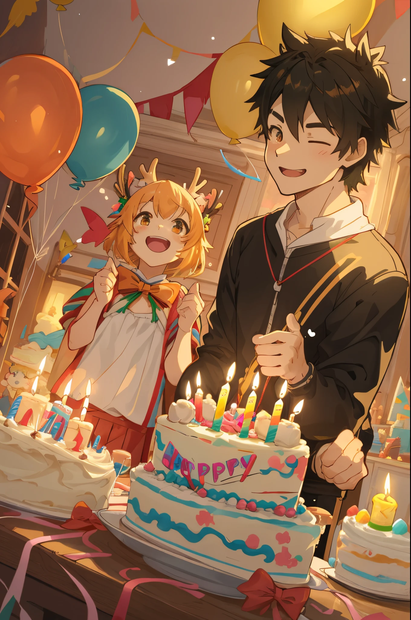 cover page, anime key visual, highres, top quality, best quality, paid reward available, High-quality illustrations, unparalleled masterpiece, perfect artwork, absurdres(A family at a birthday party, child blowing out candles on a birthday cake)(room decorated with balloons and streamers, festive and colorful atmosphere)(kemono parents of diverse descents smiling and clapping)perfect anatomy, cake with candles and colorful icing, joyful and celebratory mood, special family moment, fan-created work shared on platforms Pixiv or Twitter, cinematic lighting, dynamic angle,