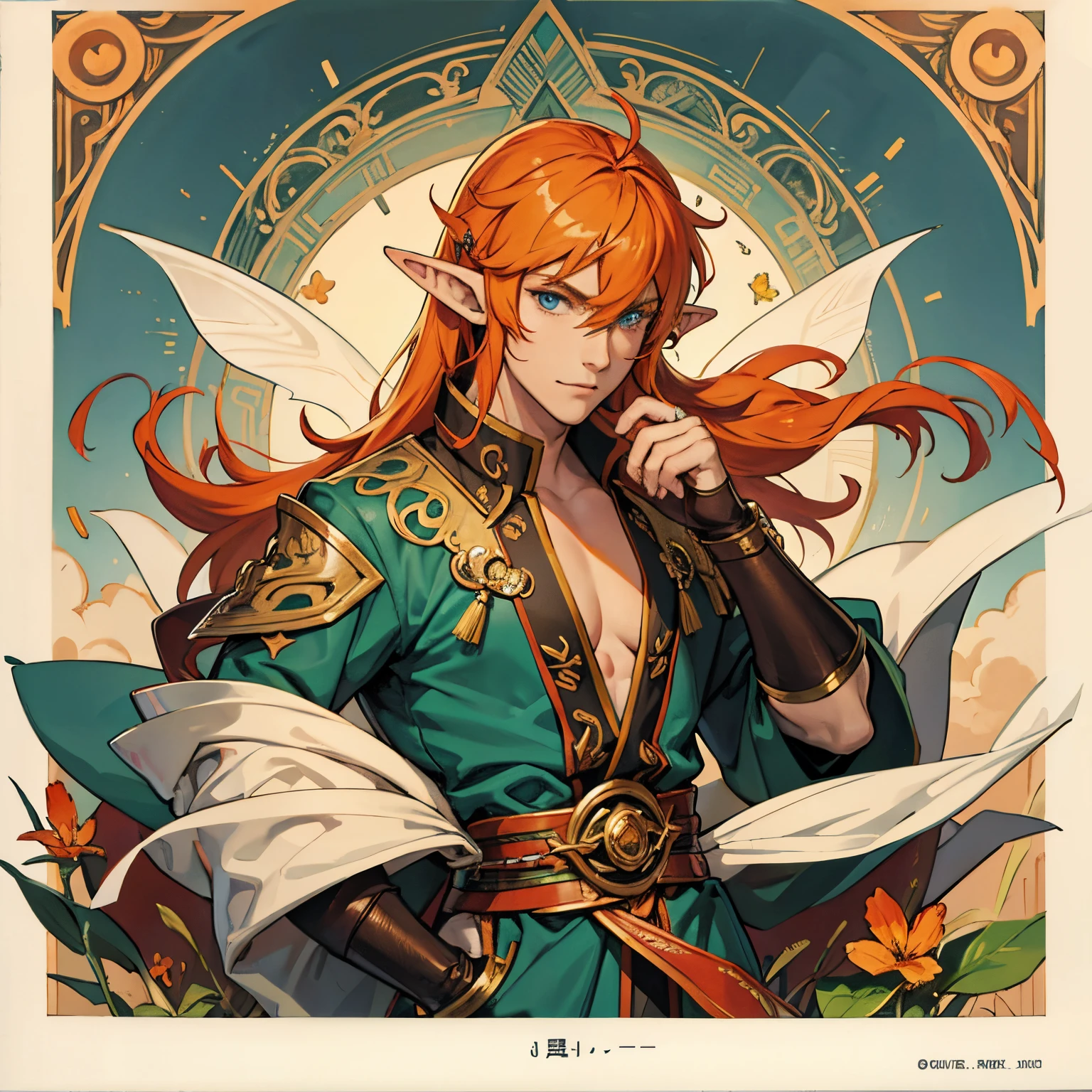 beautiful elf man、Pointed ears、Orange hair、a handsome、anime illustrated、between eyes bang