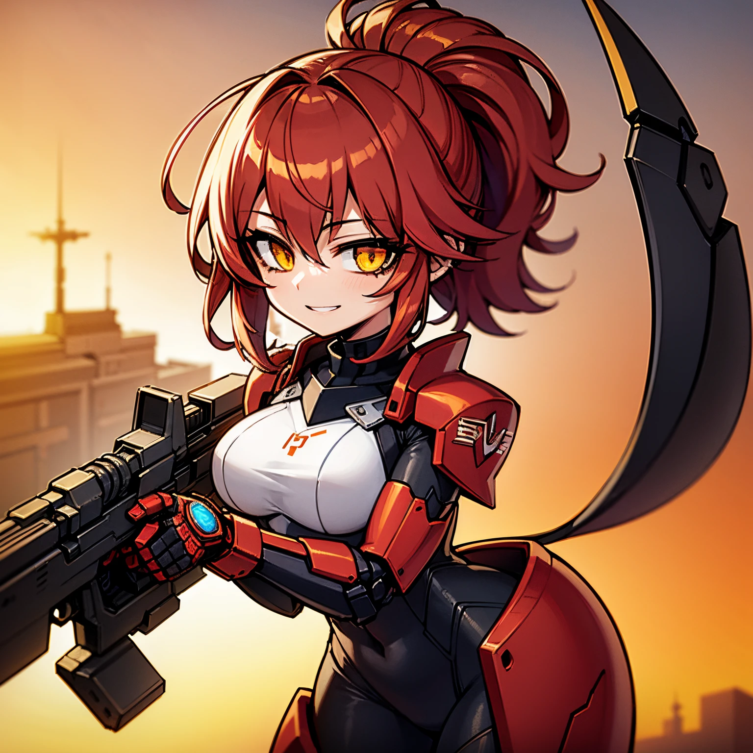 1Girl, red hair, medium hair, yellow eyes, smiling, robot girl, mecha girl, red metal armor, iron wings, holding a rifle, robot floating, sunset, orange sky, 4k, masterpiece, HD