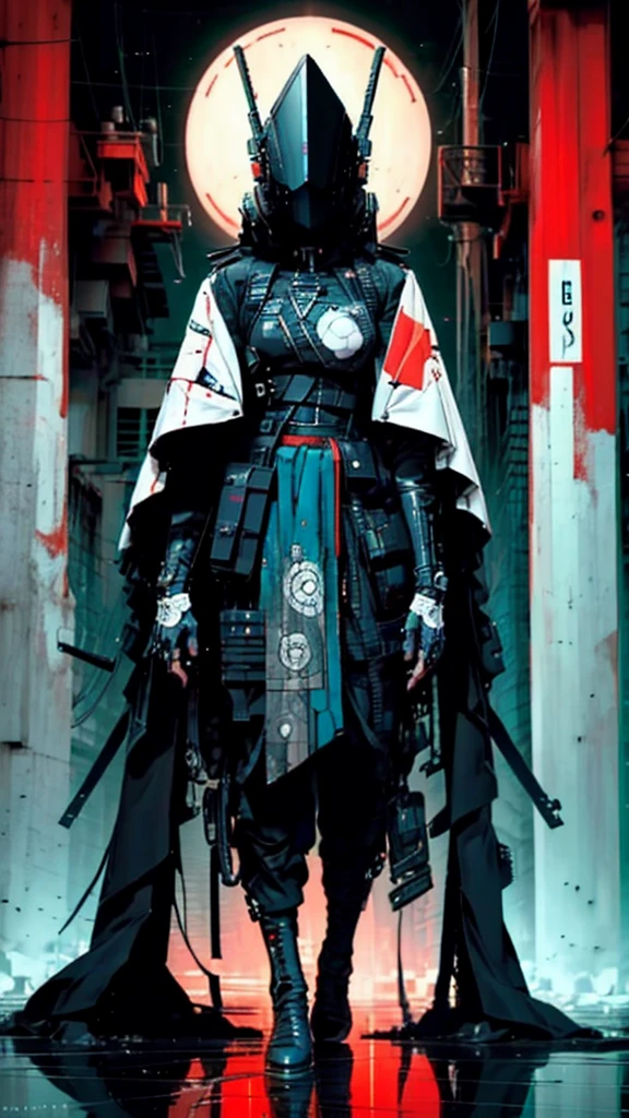 derpd, Deadly geisha cyborg assassin in hooded kimono & armor, Futuristic ski sunglasses, danger, Red-yellow sky, Post-apocalyptic art, Neon horror, 科幻小说, glitchcore, cgsociety, modern european ink painting, androgyny, Mixed Media, Dystopian Art, Black and neon space art, Analog Horror, Nightmare fuel, Spacepunk, glitchcore, Undeservedly beautiful, Beautiful and sinister. World-class female cyborg in stunning HD, World-Class Art, Unique, Modern masterpieces, exceptional, Exquisite, Dark Fantasy, Apocalypse Art, Calo type