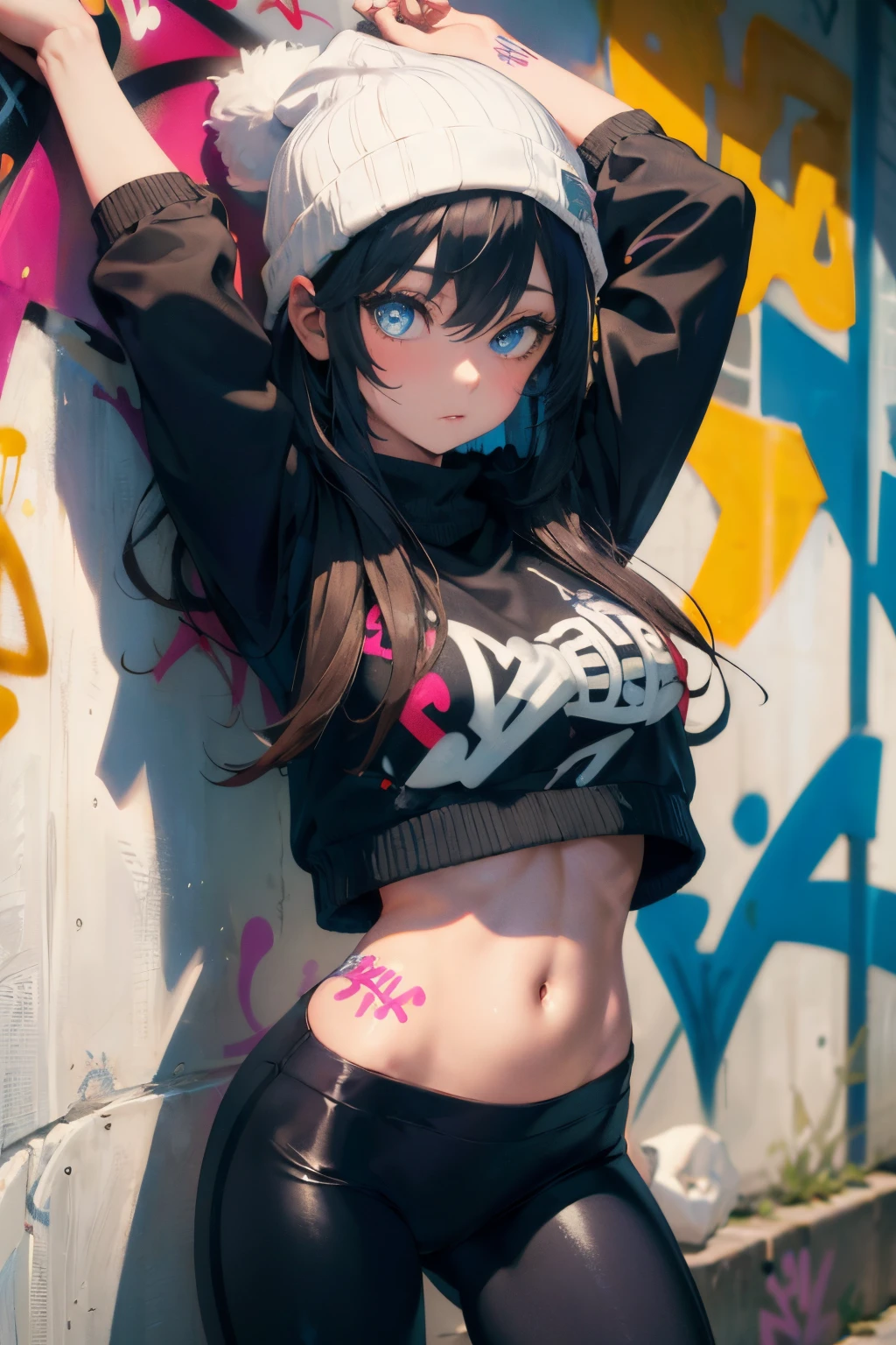 (​masterpiece:1.2、top-quality)、(graffiti wall:1.2)、1lady、Beanie、jaket、leggins、blue eyess、full bodyesbian、yogapose、