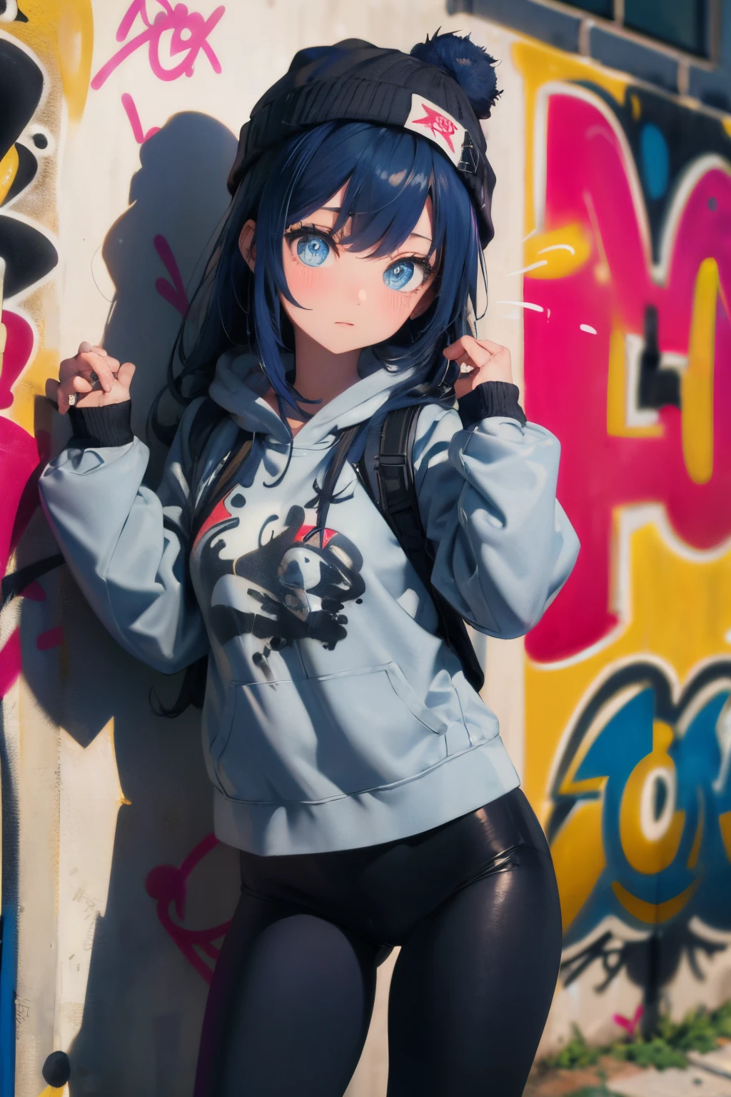 (masterpiece:1.2、top-quality)、(graffiti wall:1.2)、1lady、Beanie、jaket、leggins、blue eyess、full bodyesbian、yogapose、