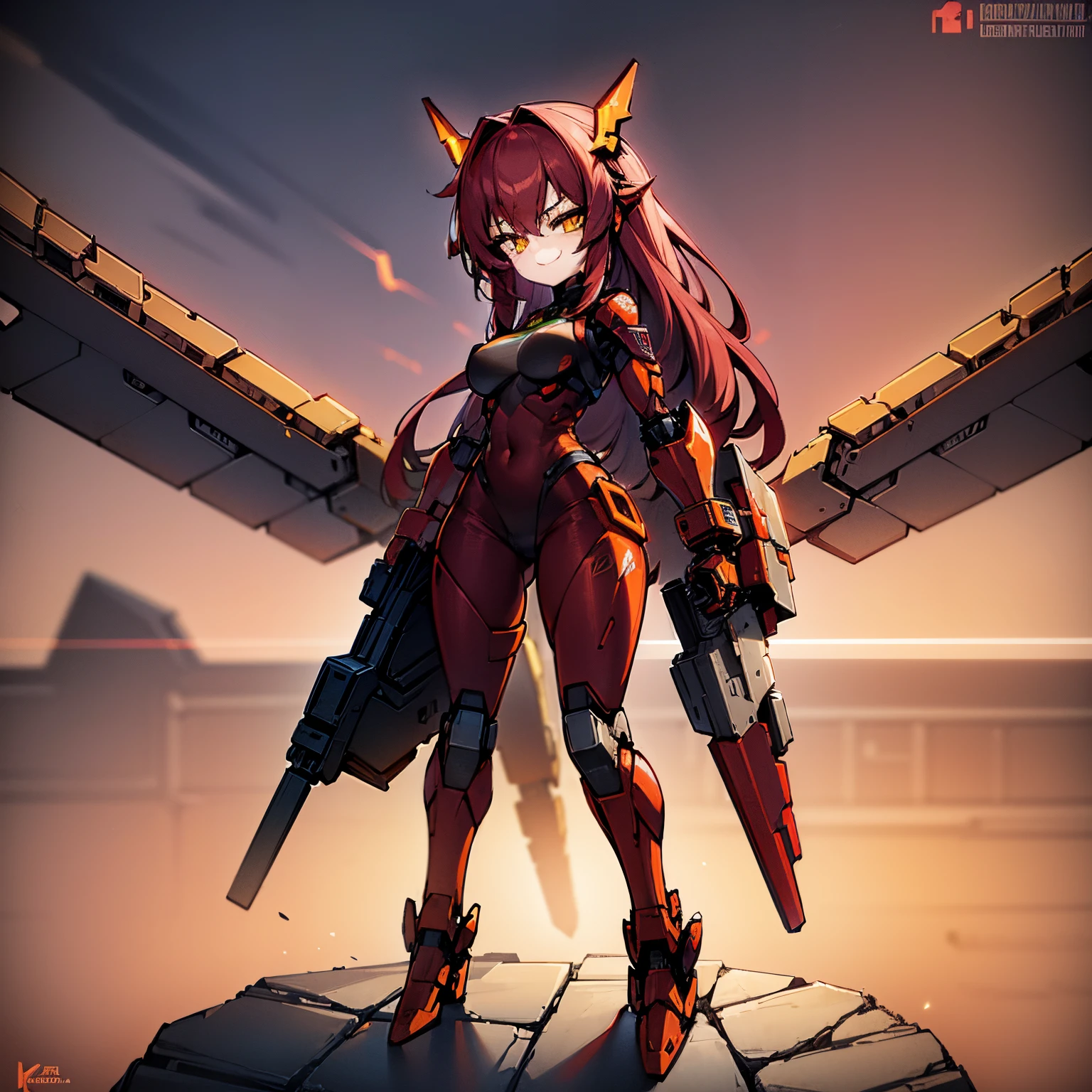 1Girl, red hair, medium hair, yellow eyes, smiling, robot girl, mecha girl, red metal armor, iron wings, holding cyberpunk rifle, robot floating, sunset, orange sky, 4k, masterpiece, HD