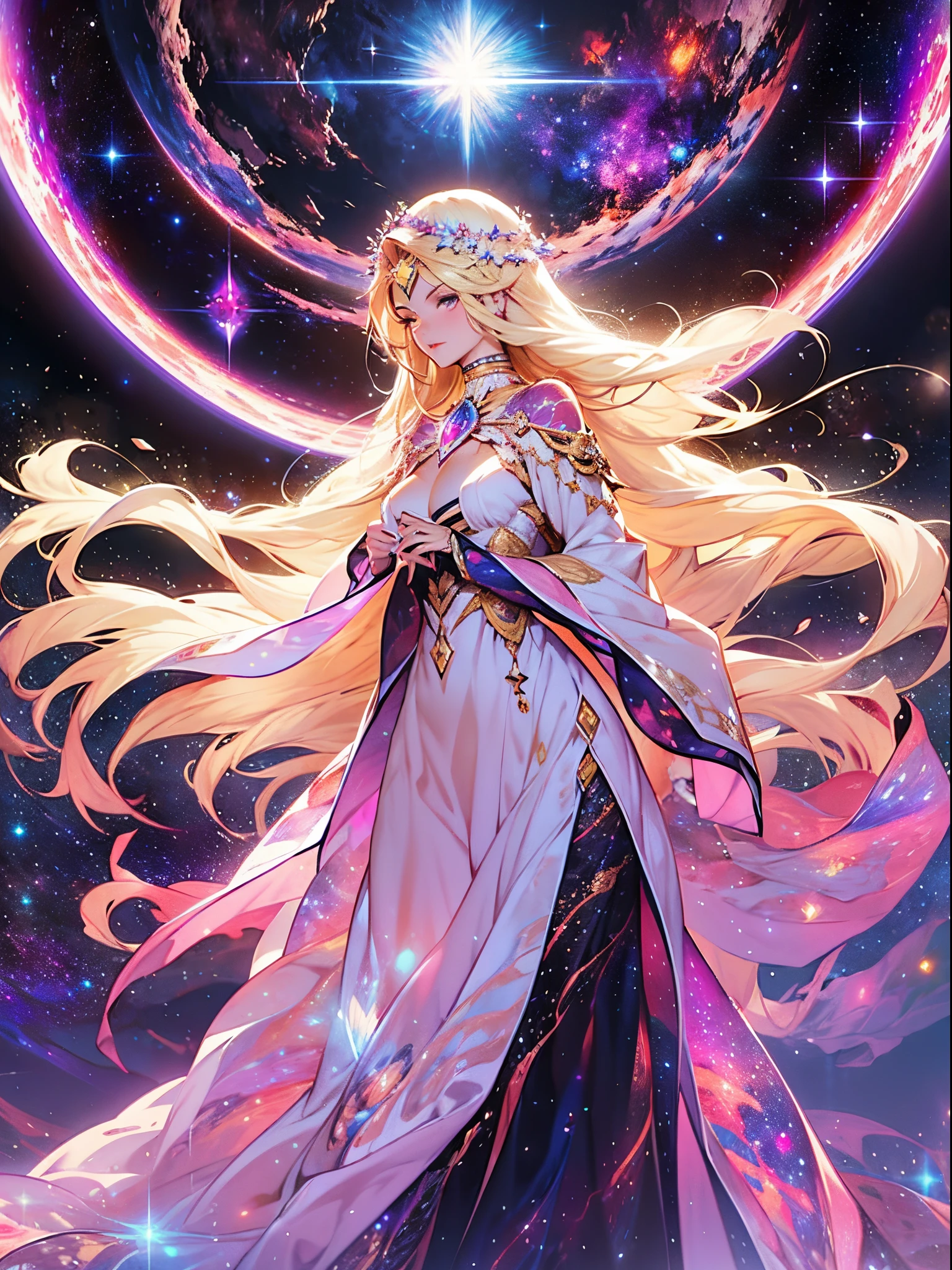 A woman with long hair and a flowing dress stands in the darkness, Blonde girl in cosmic dress, Amazing young ethereal figure, cosmic goddess, Astral appearance, galaxy goddess, Space Girl, Astral Fairy, Divine cosmic feminine power, Cosmic hair anime girl, goddess of space and time, Channeling rotational energy, A glowing halo surrounds her，Light，cleanness，Reflective，refractions，Ray traching，super-fine，Hyper-realistic，best qualtiy