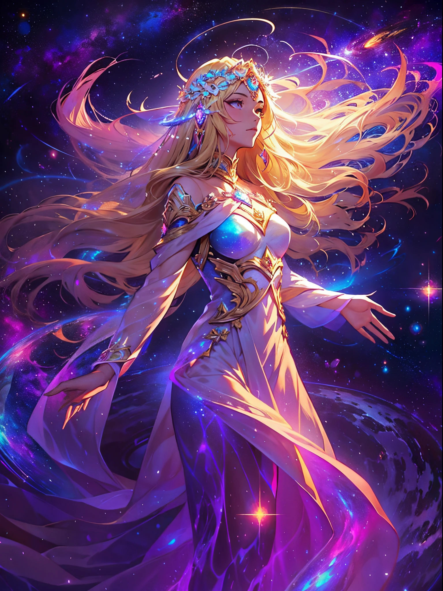 A woman with long hair and a flowing dress stands in the darkness, Blonde girl in cosmic dress, Amazing young ethereal figure, cosmic goddess, Astral appearance, galaxy goddess, Space Girl, Astral Fairy, Divine cosmic feminine power, Cosmic hair anime girl, goddess of space and time, Channeling rotational energy, A glowing halo surrounds her,Light,cleanness,Reflective,refractions,Ray traching,super-fine,Hyper-realistic,best qualtiy