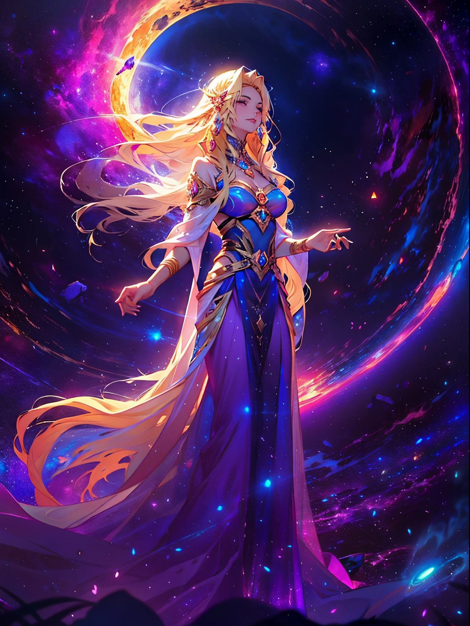 A woman with long hair and a flowing dress stands in the darkness, Blonde girl in cosmic dress, Amazing young ethereal figure, cosmic goddess, Astral appearance, galaxy goddess, Space Girl, Astral Fairy, Divine cosmic feminine power, Cosmic hair anime girl, goddess of space and time, Channeling rotational energy, A glowing halo surrounds her,Light,cleanness,Reflective,refractions,Ray traching,super-fine,Hyper-realistic,best qualtiy
