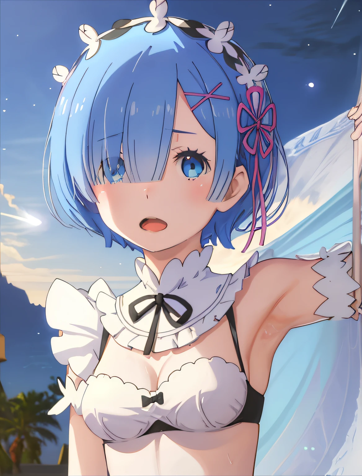 best quality, masterpiece, phRem, 1girl, blue hair, solo, maid, roswaal mansion, looking at viewer, open mouth, anime coloring, maid headdress, upper body, light particles, high contrast, colorful, night, house, bed, armpits, bikini, breasts, belly, wet armpits