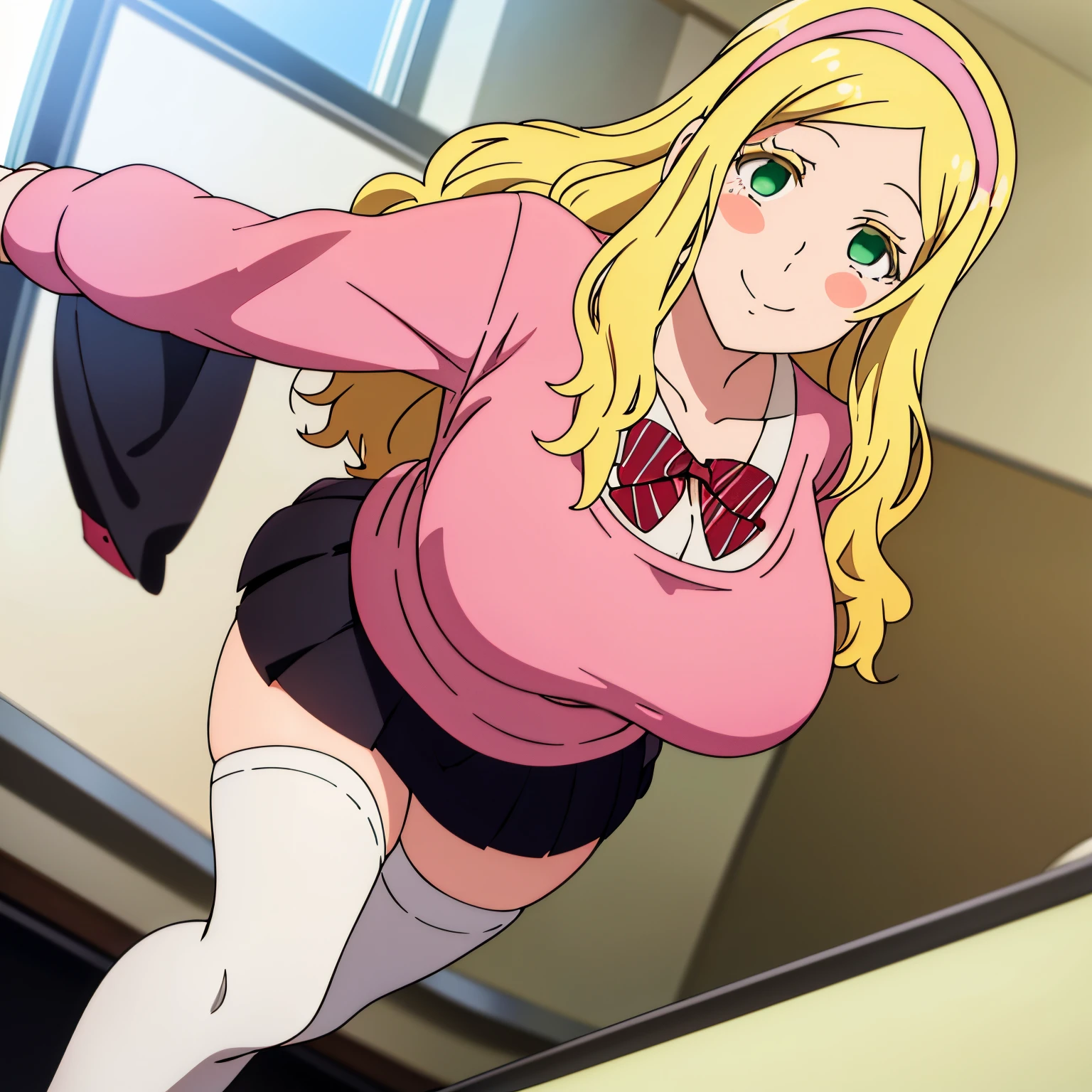 POV, (front), thighs, collarbone, (masterpiece), wallpaper, 1 girl, solo, pink sweater, cleavage, long sleeves, red bow tie, , Carol Olston, NSFW, wide angle, 1 girl, alone , curly hair, blonde hair, long hair, locks of hair hanging on both sides, white headband with pink bow, short skirt, black skirt, white stockings above the knee, red loafers, blushing, medium hips, medium waist, standing , , green eyes, medium hips, makeup, wide thighs, night, big breasts, medium waist, provocative, alone, smiling, night light entrance window, night,