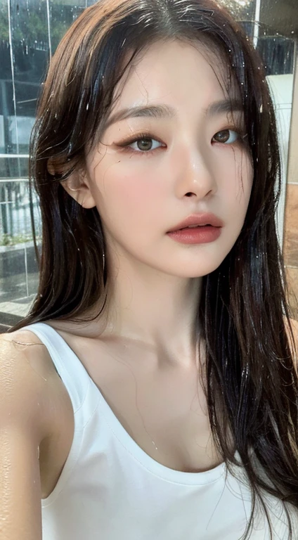 Beautiful handsome woman, ((top quality, 8k, masterpiece:1.retty woman, 1 woman, huge breasts:1.3, slender figure:1.1, long wavy red hair, (shower, wet body, wet clothes:1.1), very detailed face, detailed lips, detailed eyes, double eyelids, extremely detailed blue eyes