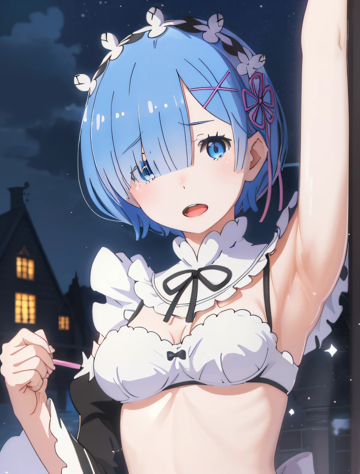 best quality, masterpiece, phRem, 1girl, blue hair, solo, maid, roswaal mansion, looking at viewer, open mouth, anime coloring, maid headdress, upper body, light particles, high contrast, colorful, night, house, bed, armpits, bikini, breasts, belly, wet armpits