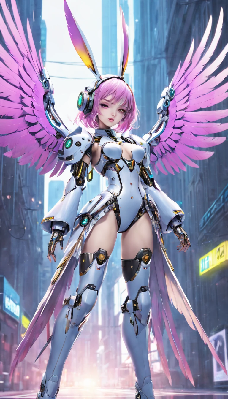 (wide wide shot)，(Best quality at best,tmasterpiece:1.2),(futuristic robot woman), (rabbitears)，bright colored hair，((A pair of huge feathered wings)),Her wings are technological marvels, A combination of a sturdy metal frame and a delicate translucent film,((Metal gears in the machine body)),(footwear),Slim,shiny metal。(facing at camera，Central symmetry)，The stands up，(Streets without people)，vivd colour,Light trails and neon lights in the background,Sci-fi art style.The lighting is dramatic, Bright areas contrast strongly with deep shadows, Create a sense of depth and dimension. The overall composition is vibrant and captivating, Centered on robot girls, Exude power, ellegance, There is also a touch of mystery.