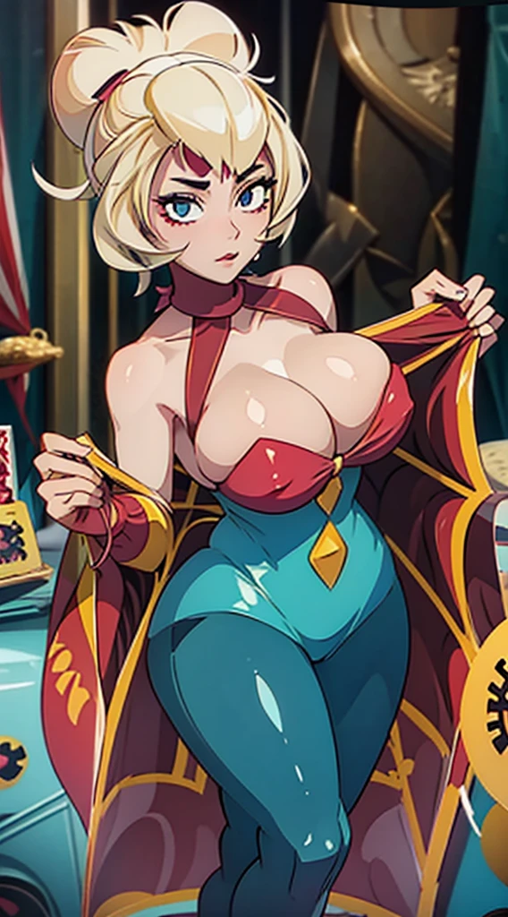 a beautiful blonde lady milf, 30 years old, huge breasts, in a low-cut circus outfit, her thighs are thick and stuck to her pants, her gaze is sexy and penetrating, her hair is tied up, she is in the middle of a circus performance.