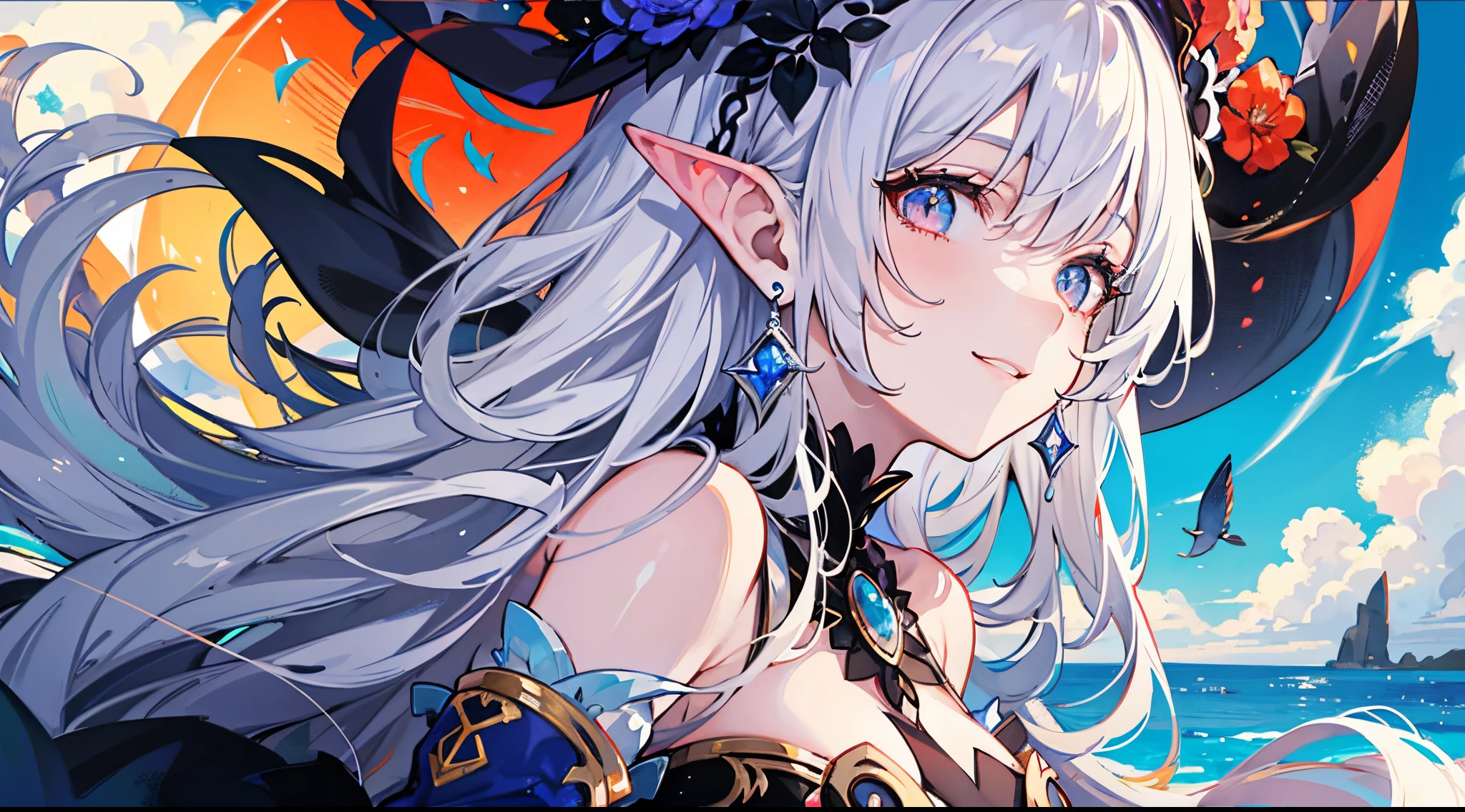 ((tmasterpiece:1.4,Best quality at best))+,(hyper-detailing)+,(Ultra-detailed eyes)+,(winged ears:1.5),
(cute girls),ar old,(dark red eye:1.15),Long gray hair,long braid,Bushy hair(wariza:1.2),pale-skinned,ssmile,a seductive smile
(She wears conservative blue, red and black dress,red pattern,Lots of fluff:1.5),(Black gloves:1.4)The sleeves are long,
Black earrings,merfolk,The corals,Menghua,gem jewelry,Ocean of fish and trees,Red witch hat,Conch headdress,harp,sing,fish flocks,Fishbone decoration,Put your hands in your pockets,Turn your head forward,
(Fishtail:1.1),
(dawn light:1.2),
(Thick black and white:1.16),(depth of fields:1.4)Complicated details,color mixing,Detailed route,Excellent,super detailing,The content is very detailed,(hight contrast:1.11),ventania,Amazing cleavage,beautidful eyes,messy hair,(best illuminate,Extremely Delicately Beautiful), ((movie light lighting)), (seen from the side:1.3),8K,tmasterpiece,Best quality at best,cinematic Film still from,1 plump girl,floating in sky,Intertwined clouds,clouds,(Close-up cleavage:1.1),bright,cheerfulness,Interesting,gentlesoftlighting,(bauhause,shape,line engineering,Abstract:1.1)offcial art, Unity 8k壁纸, ultra - detailed, Beautiful and beautiful, tmasterpiece, Best quality at best, (dynamic angle:1.4),romantic depth of field exotic_dance,PerfectNwsjMajic,(tmasterpiece,top-quality,Best quality at best,offcial art,Beauty and aesthetics:1.2),The content is very detailed,rich colourful,highest details,