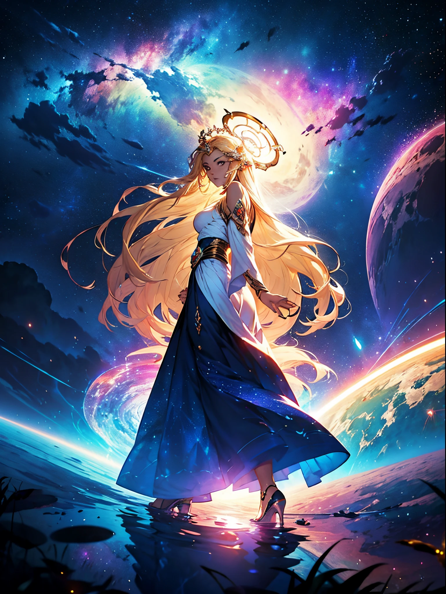 A woman with long hair and a flowing dress stands in the darkness, Blonde girl in cosmic dress, Amazing young ethereal figure, cosmic goddess, Astral appearance, galaxy goddess, Space Girl, Astral Fairy, Divine cosmic feminine power, Cosmic hair anime girl, goddess of space and time, Channeling rotational energy, A glowing halo surrounds her,Light,cleanness,Reflective,refractions,Ray traching,super-fine,Hyper-realistic,best qualtiy
