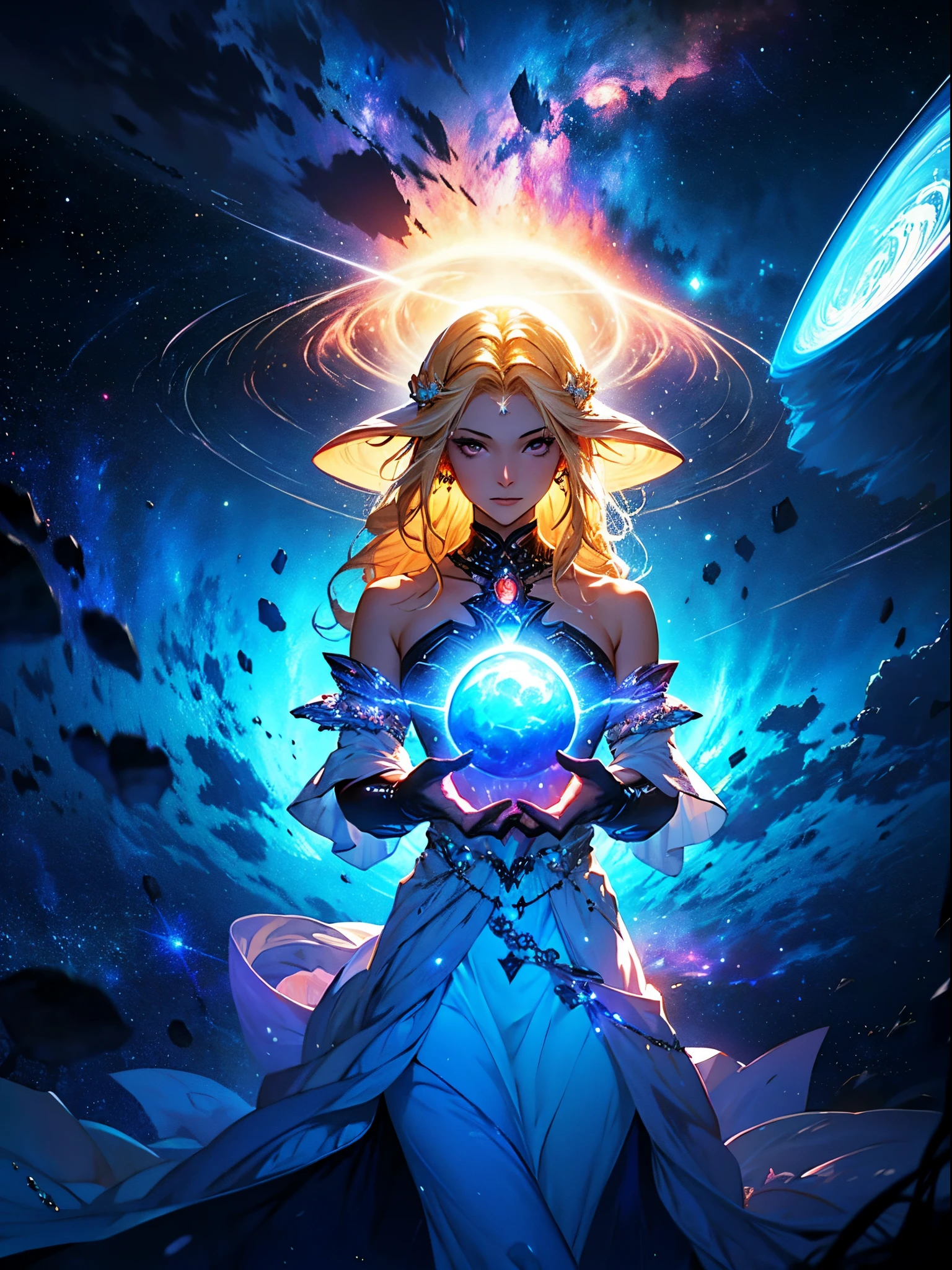 A woman with long hair and a flowing dress stands in the darkness, Blonde girl in cosmic dress, Amazing young ethereal figure, cosmic goddess, Astral appearance, galaxy goddess, Space Girl, Astral Fairy, Divine cosmic feminine power, Cosmic hair anime girl, goddess of space and time, Channeling rotational energy, A glowing halo surrounds her，Light，cleanness，Reflective，refractions，Ray traching，super-fine，Hyper-realistic，best qualtiy