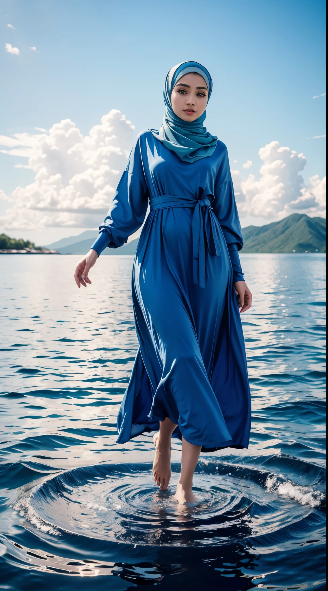 RAW, Best quality, high resolution, masterpiece: 1.3), beautiful Malay woman in hijab (iu:0.8)masterpiece, best quality, ultra high res, 1girl in hijap,blue themesky, water,standing on water, white dress