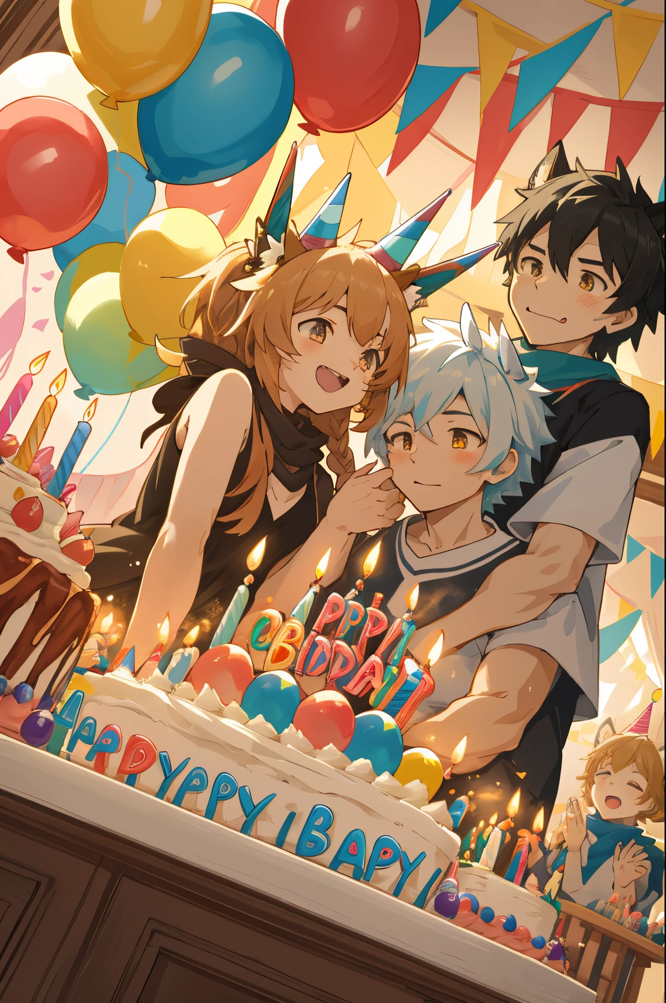 cover page, anime key visual, highres, top quality, best quality, paid reward available, High-quality illustrations, unparalleled masterpiece, perfect artwork, absurdres(A family at a birthday party, child blowing out candles on a birthday cake)(room decorated with balloons and streamers, festive and colorful atmosphere)(kemono parents of diverse descents smiling and clapping)perfect anatomy, cake with candles and colorful icing, joyful and celebratory mood, special family moment, fan-created work shared on platforms Pixiv or Twitter, cinematic lighting, dynamic angle,