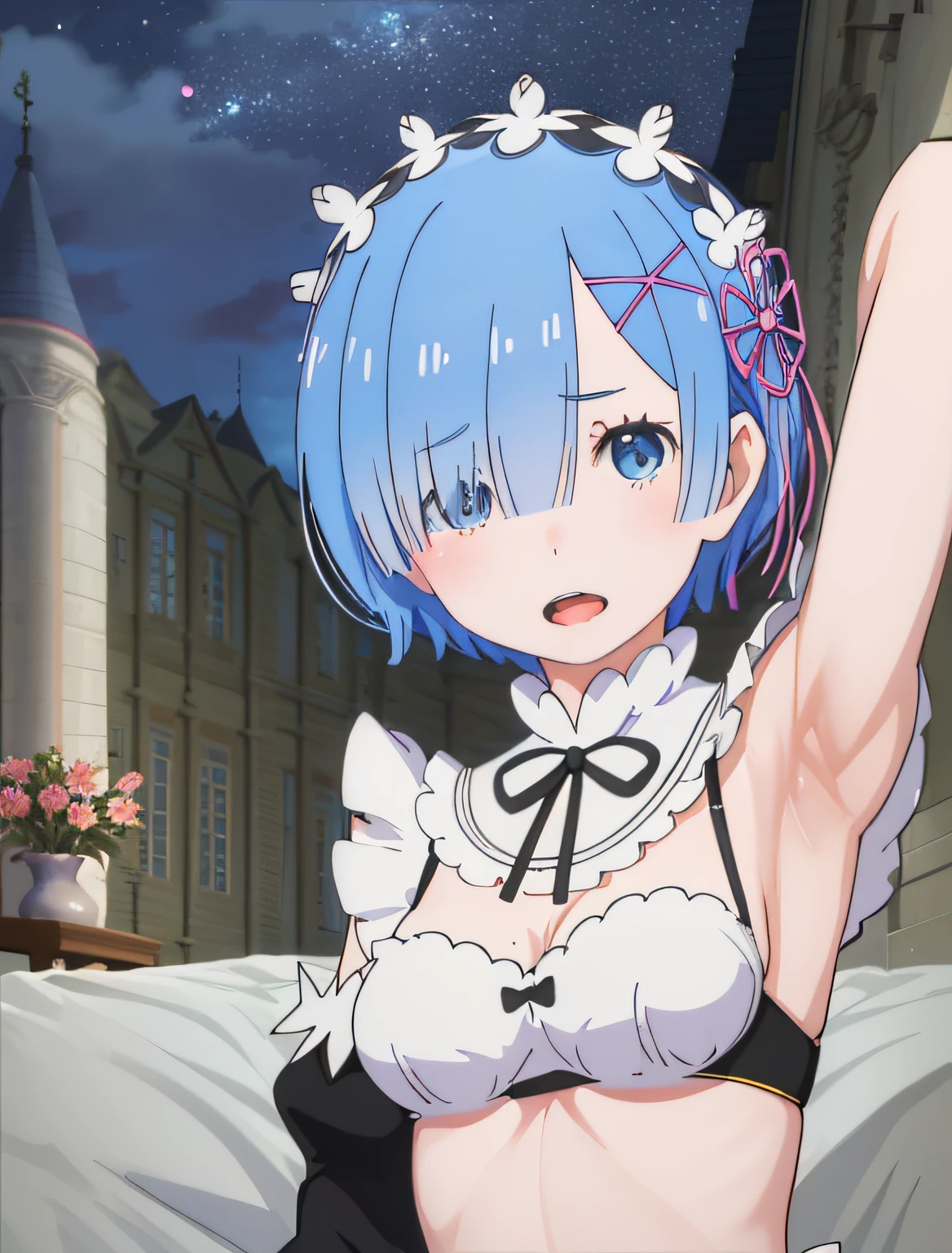 best quality, masterpiece, phRem, 1girl, blue hair, solo, maid, roswaal mansion, looking at viewer, open mouth, anime coloring, maid headdress, upper body, light particles, light rays, high contrast, colorful, night, house, bed, armpits, bikini, breasts, belly