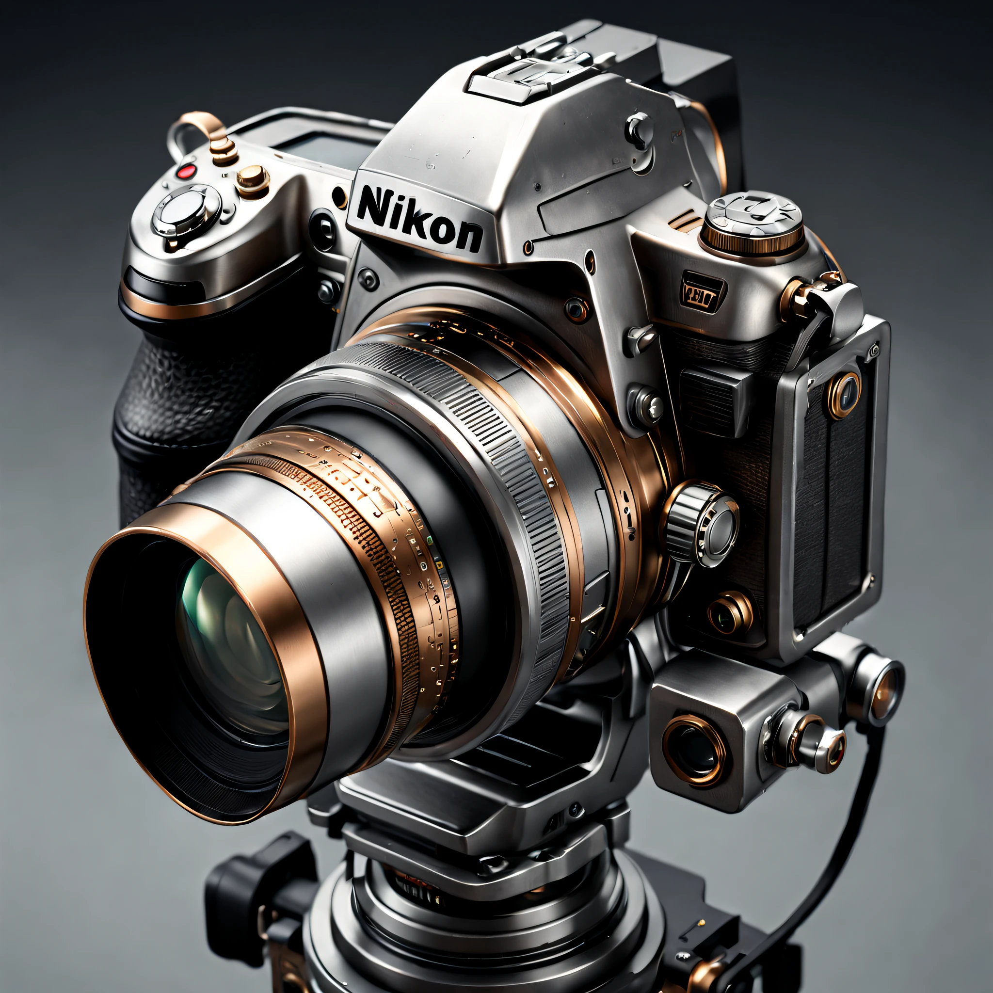 Metal camera with large zoom lens, Surreal sci-fi style, Unreal Engine5, Hyperrealistic sculpture, Realistic brush strokes, Surreal sci-fi style, DAZ 3D, glyphic, made of bronze and silver colored metal, sketch factory, Set, Unreal Engine5, Photo Show, Detailed sketch, Realistic camera shooting, fine art photography, Realistic images, computer graphics, Photorealistic high detail, too detailed art. SLR camera, ultradetailed, photo realism, Ultra-realistic rendering of details, Stunningly realistic graphics, Highly detailed photography. NIKON D888, hyper realistic render, photoreal render, Highly realistic photography, background gray gradient