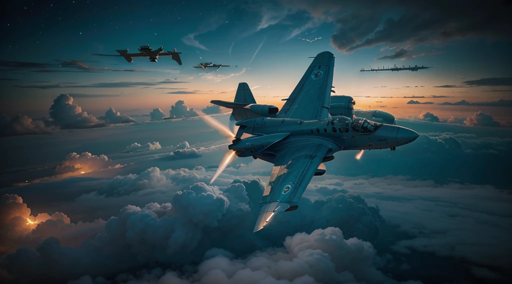 A cloud with several airplanes flying around on top, in the style of detailed fantasy art, nightcore, quiet moments captured in paint, radiant clusters, i cant believe how beautiful this is, detailed character design, dark cyan and light crimson