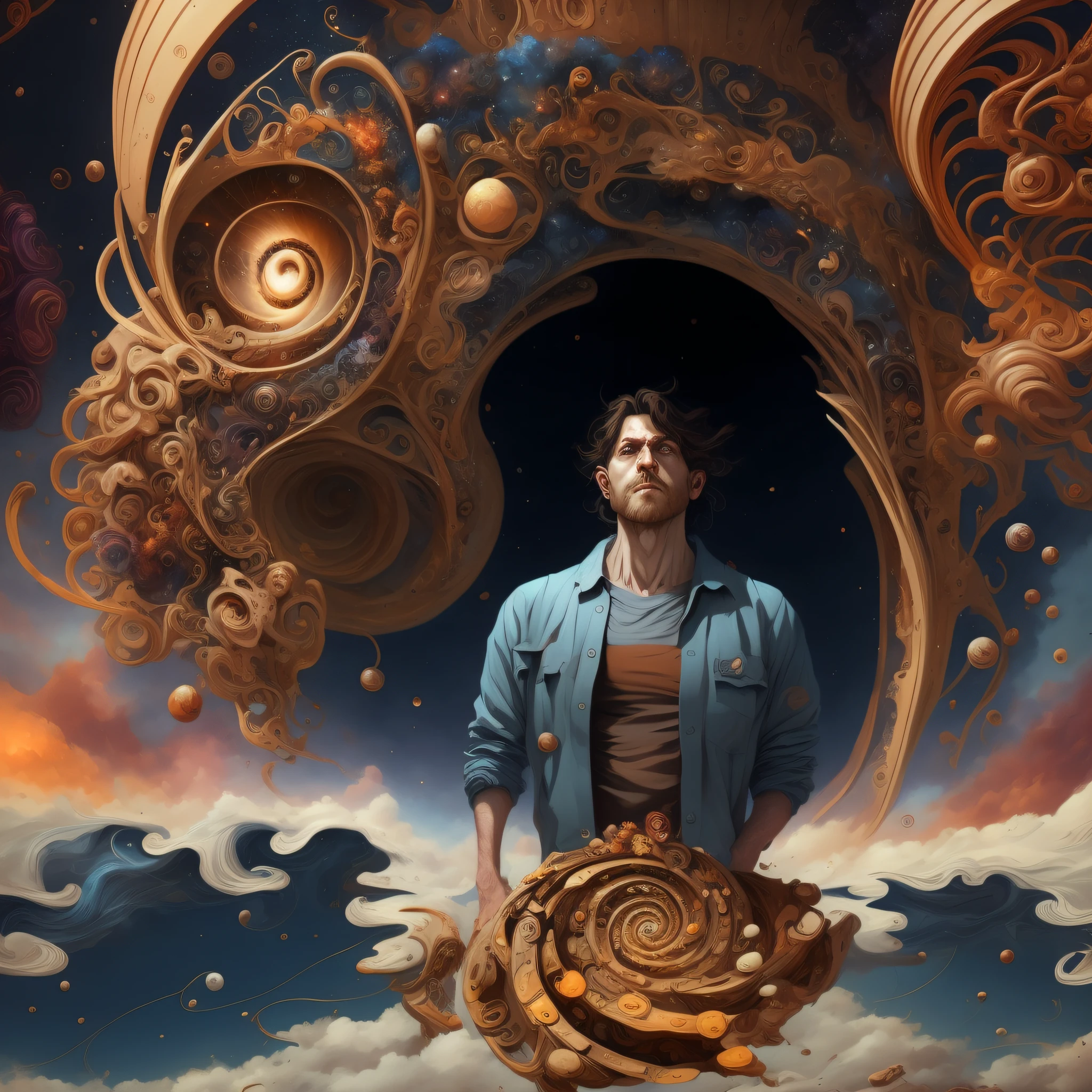Ara of a man standing in front of a huge spiral painting々new image, Surreal digital artwork, Surreal + Highly detailed, elaborate digital art, Psychedelic surrealist art, cyril rolando and m. w kaluta, cyril rolando and m.w kaluta, 4K highly detailed digital art, Surreal art, highly detailed surrealist art, Surreal concept art