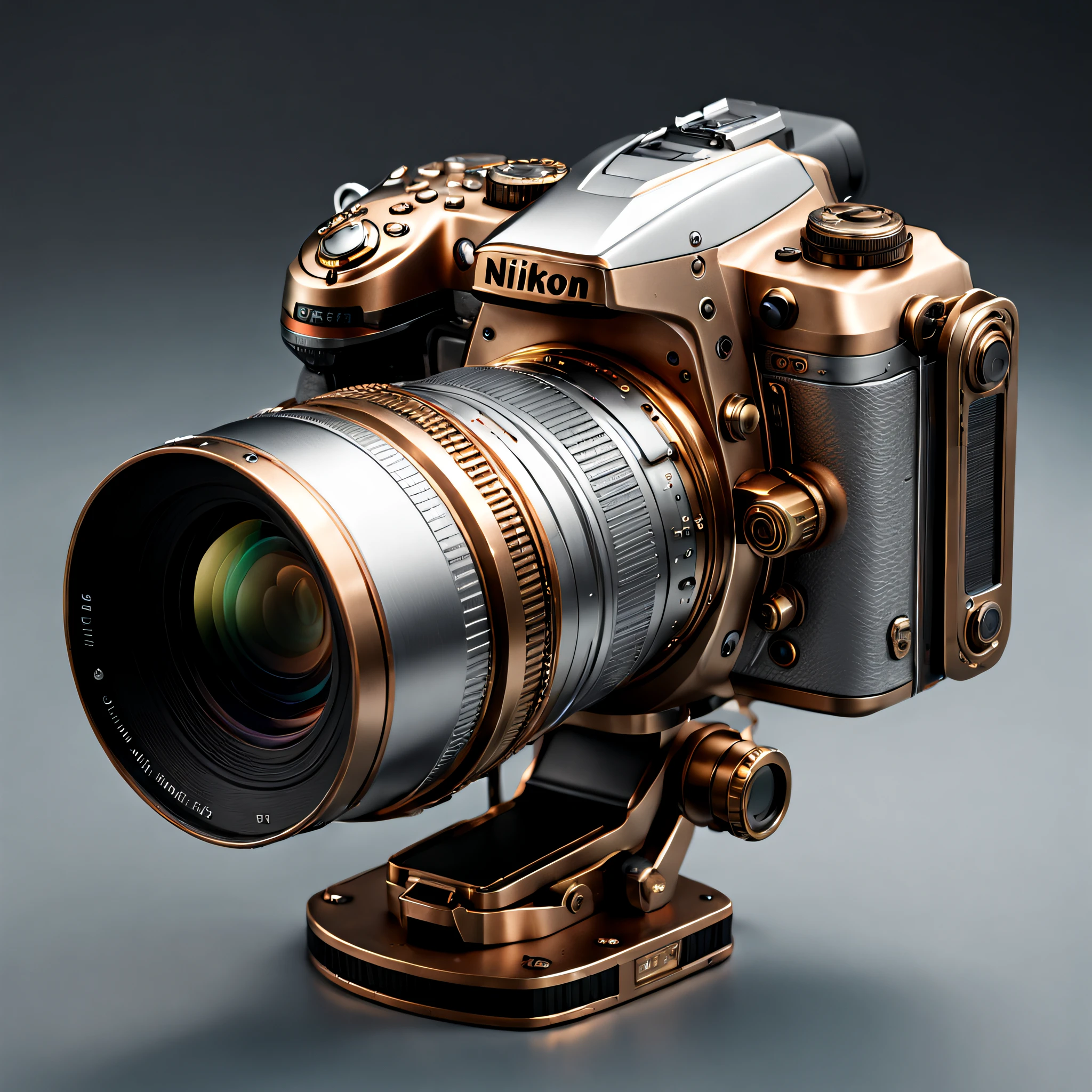 Metal camera with large zoom lens, Surreal sci-fi style, Unreal Engine5, Hyperrealistic sculpture, Realistic brush strokes, Surreal sci-fi style, DAZ 3D, glyphic, made of bronze and silver colored metal, sketch factory, Set, Unreal Engine5, Photo Show, Detailed sketch, Realistic camera shooting, fine art photography, Realistic images, computer graphics, Photorealistic high detail, too detailed art. SLR camera, ultradetailed, photo realism, Ultra-realistic rendering of details, Stunningly realistic graphics, Highly detailed photography. NIKON D888, hyper realistic render, photoreal render, Highly realistic photography, background gray gradient