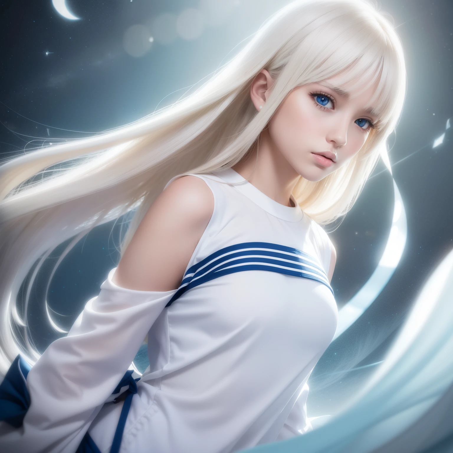 Genuine photo quality, blanco y brillante, suave, brillante, hermosa piel, soft shiny bangs and super long natural silky straight blonde hair, 18 year old woman with an extraordinary cute and beautiful face very perfect, Hermosos ojos claros grandes de color azul claro, delineador, pechos grandes, Uniforme escolar, Sailor costume from Japan,