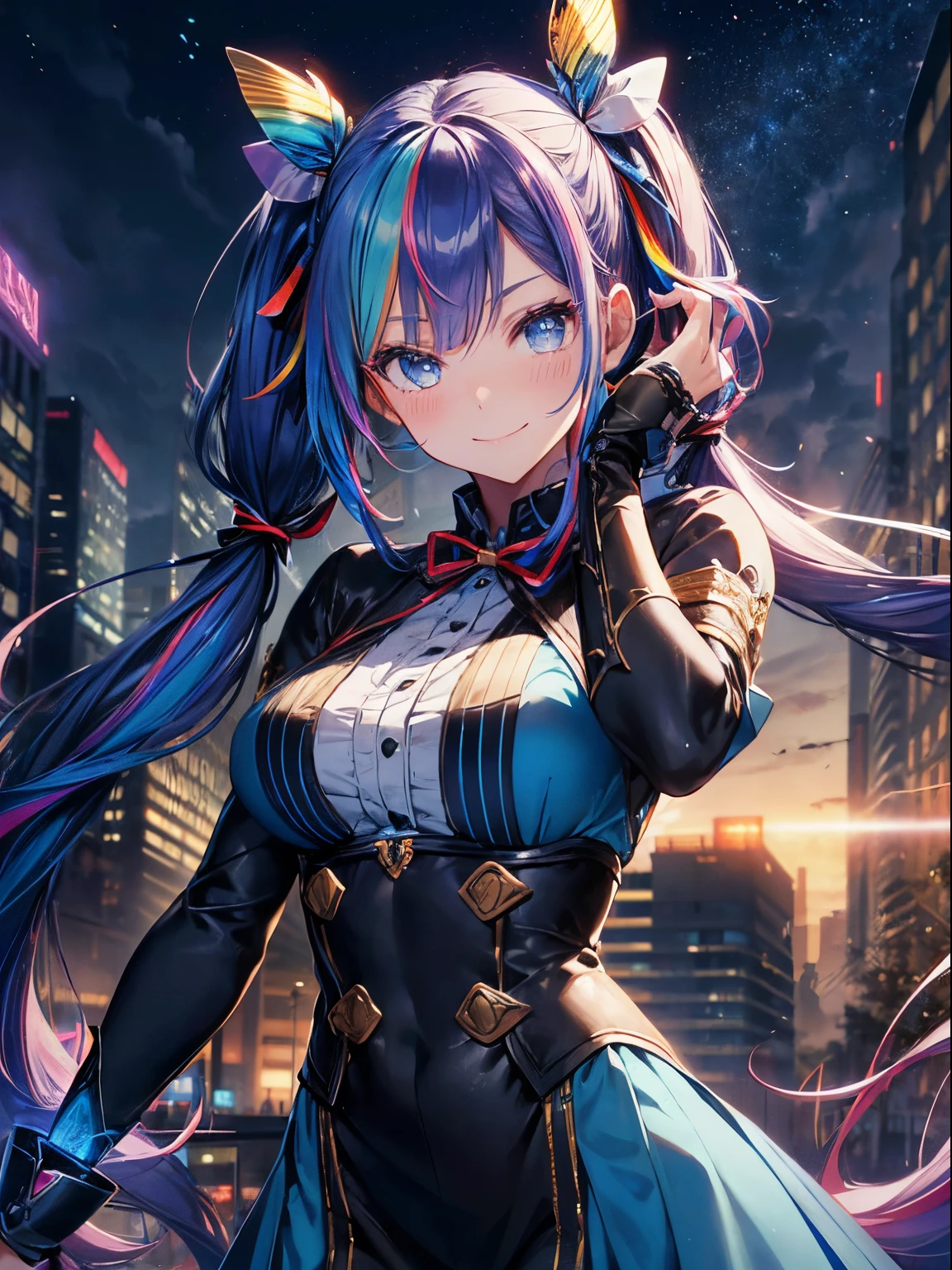 Magic Circle(1.6),sorcerer,magician、cyberpunked:Futuristic cityscape on night background with bright lights and bright moonlight、(masutepiece:1.3), (8K, Photorealistic, Raw photo, Best Quality: 1.4), Beautiful face, (Realistic face), Beautiful detailed eyes, (Realistic skin), Attractive, Intricate details,Golden ratio, 1 girl,Naughty smile, (rainbow hair:1.4),((Long twintails,Ribbon 1.4)),(Blue Butterfly Hair Ornament 1.3),Dynamic Pose,Dynamic Angle,Intricate details, Hyper realistic、only face、A smile、Smiling、Face enhancement、Luz Divina、Deities、Heaven、rainbows