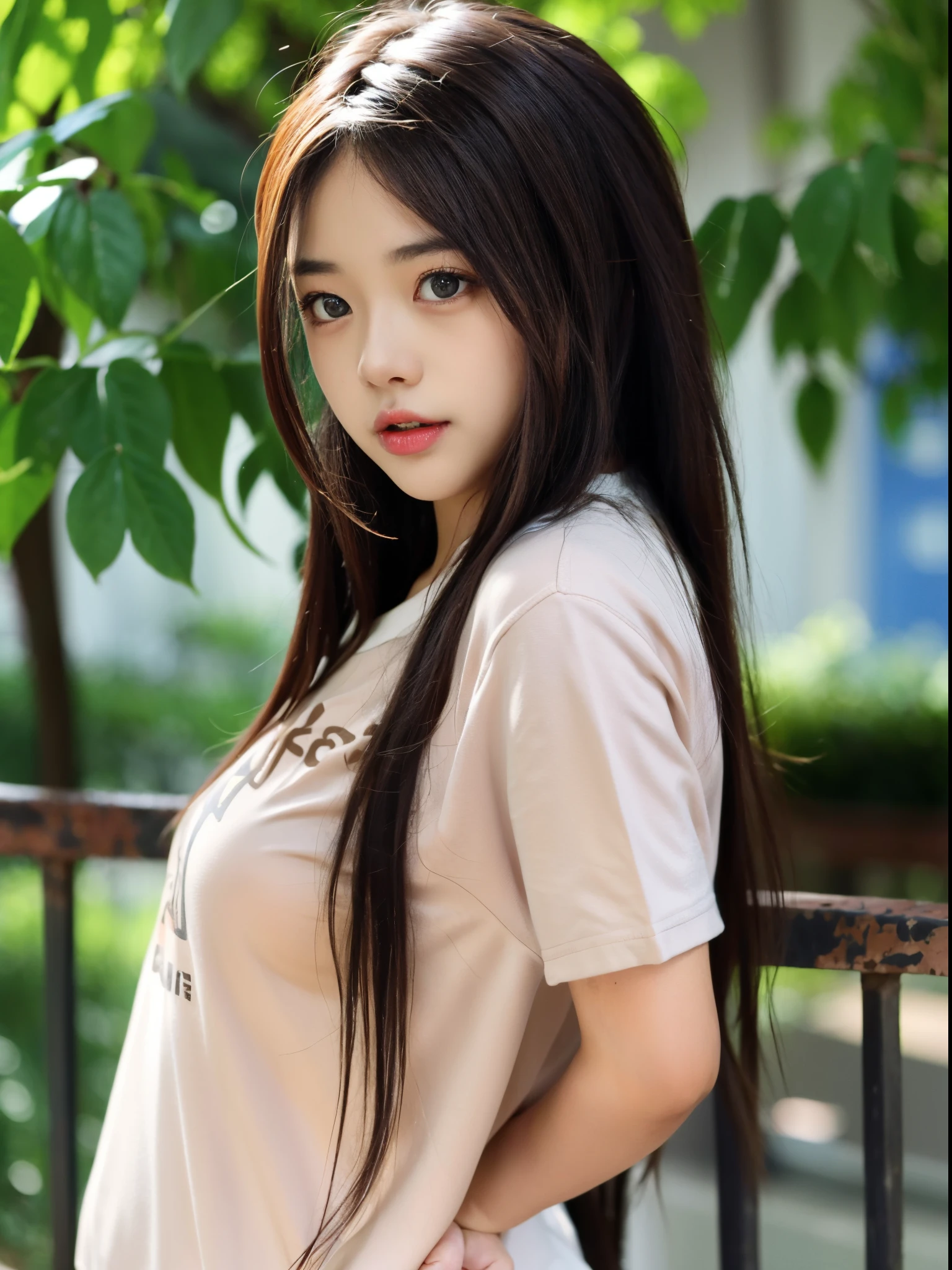 1个Giant Breast Girl, Alone, Brown eyes, Brown hair, long whitr hair, looking at viewert, 校服, tmasterpiece ,The upper part of the body