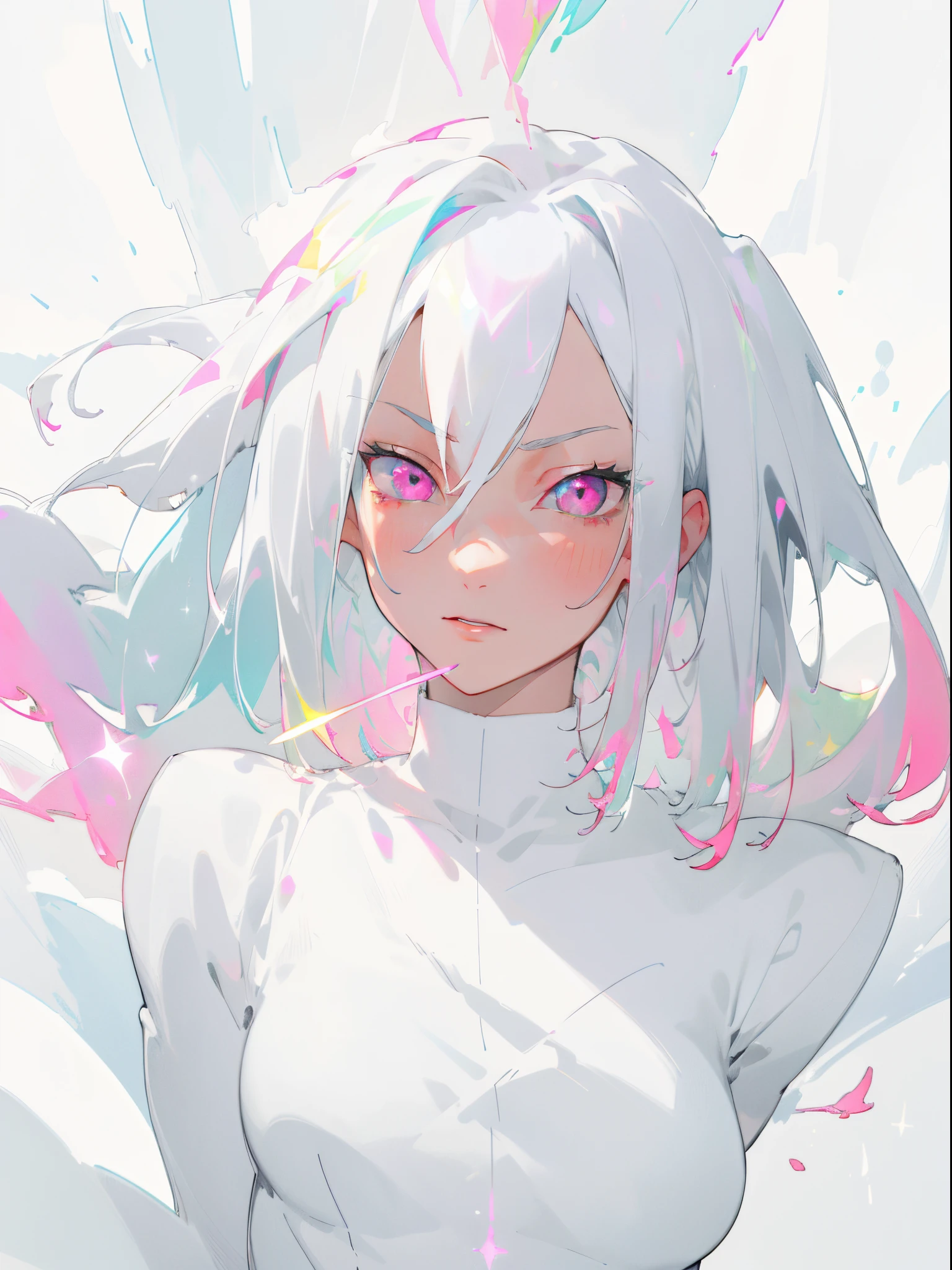 masterpiece, best quility, high_quality, high_resolution, masterpiece*portait, whitespace, colorful, 1girl, solo, white_hair, prism hair, [pink|green] eyes, gradient eyes, multicolored eyes, glowing eyes, glowing, glitter, glowing white particles, wind lift, full_body, serious,
