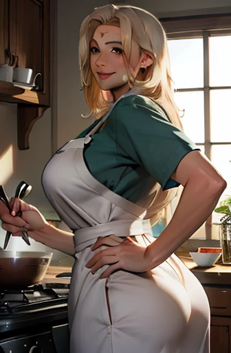 Best quality, solo mature woman, giant breasts, giant ass, very curvy, Long straight blonde hair, brown eyes, full lips, seductive, cooking apron, housewife, smiling