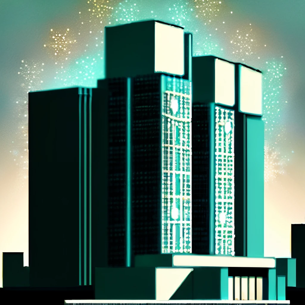 Brutalist modern architecture with Christmas art deco decorations in teal