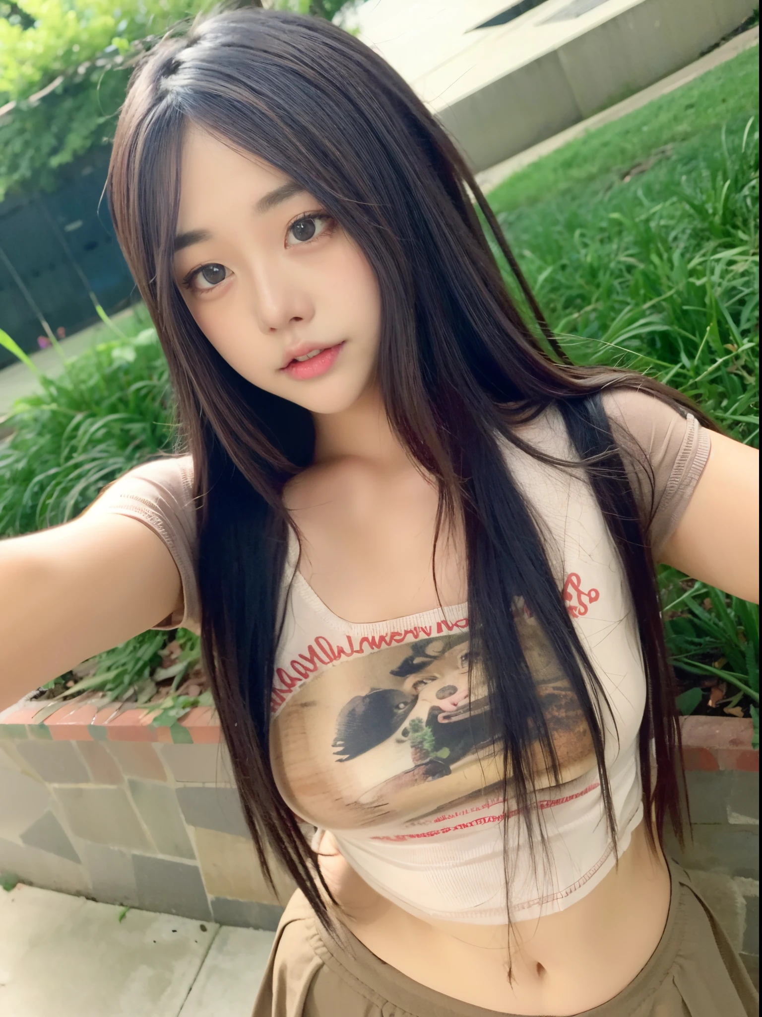 1个Giant Breast Girl, Alone, Brown eyes, Brown hair, long whitr hair, looking at viewert, 校服, tmasterpiece ,The upper part of the body