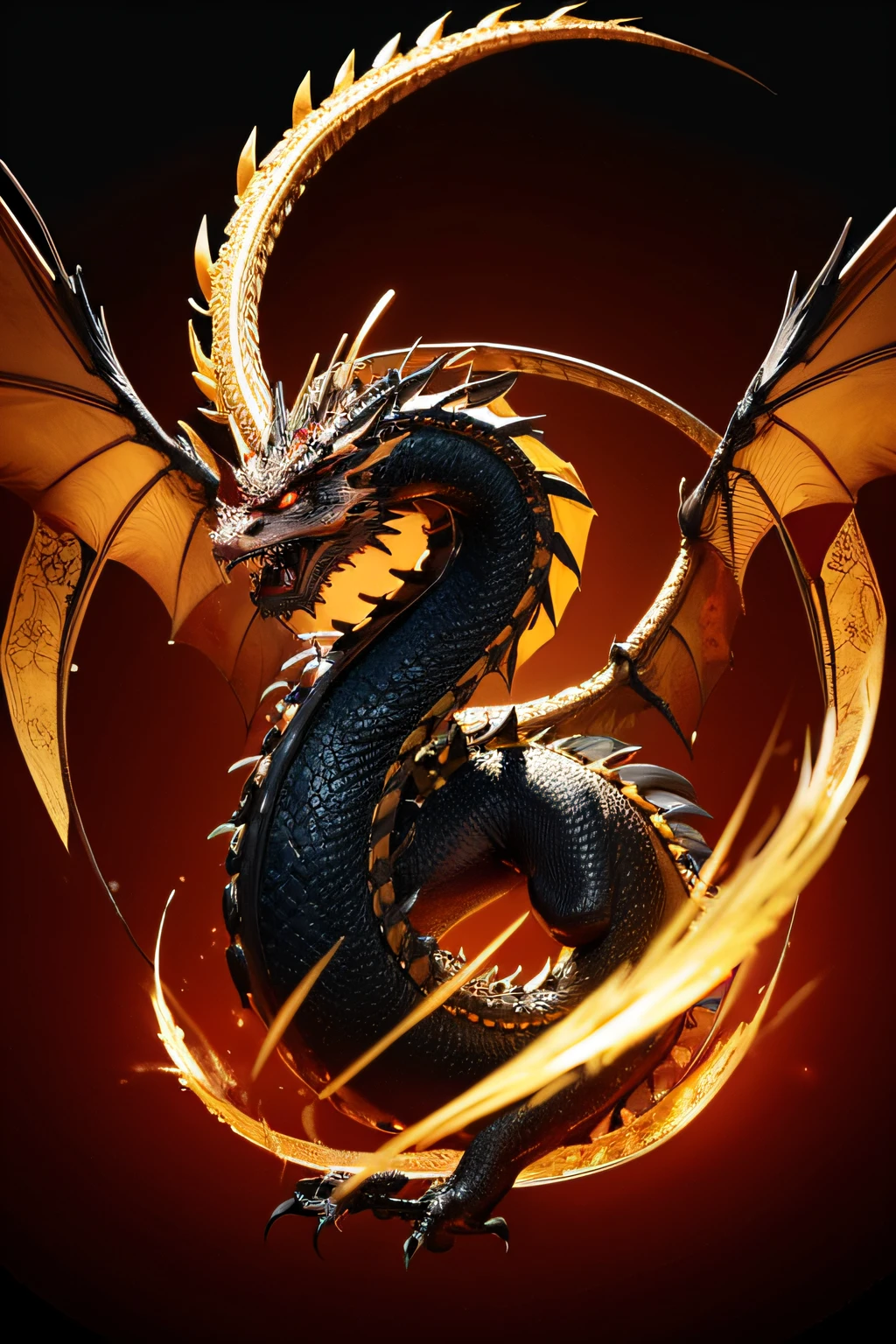 : The dragon must be represented in a stylized way, with golden outlines that stand out against the black background. Think about fluid, elegant lines to create a powerful image.