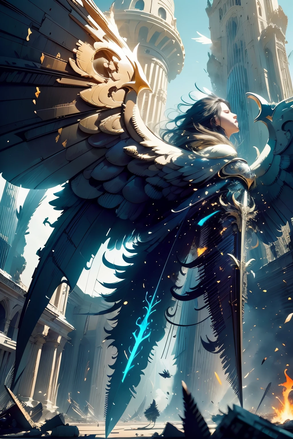 detailed face, super low angle, (halo), (flying seraph), (long and wide 12 wings), thick sword on fire, ruins in the city, skyscraper, impact, high speed, flame, necklace on fire, (battle field), 3 fighter jet,