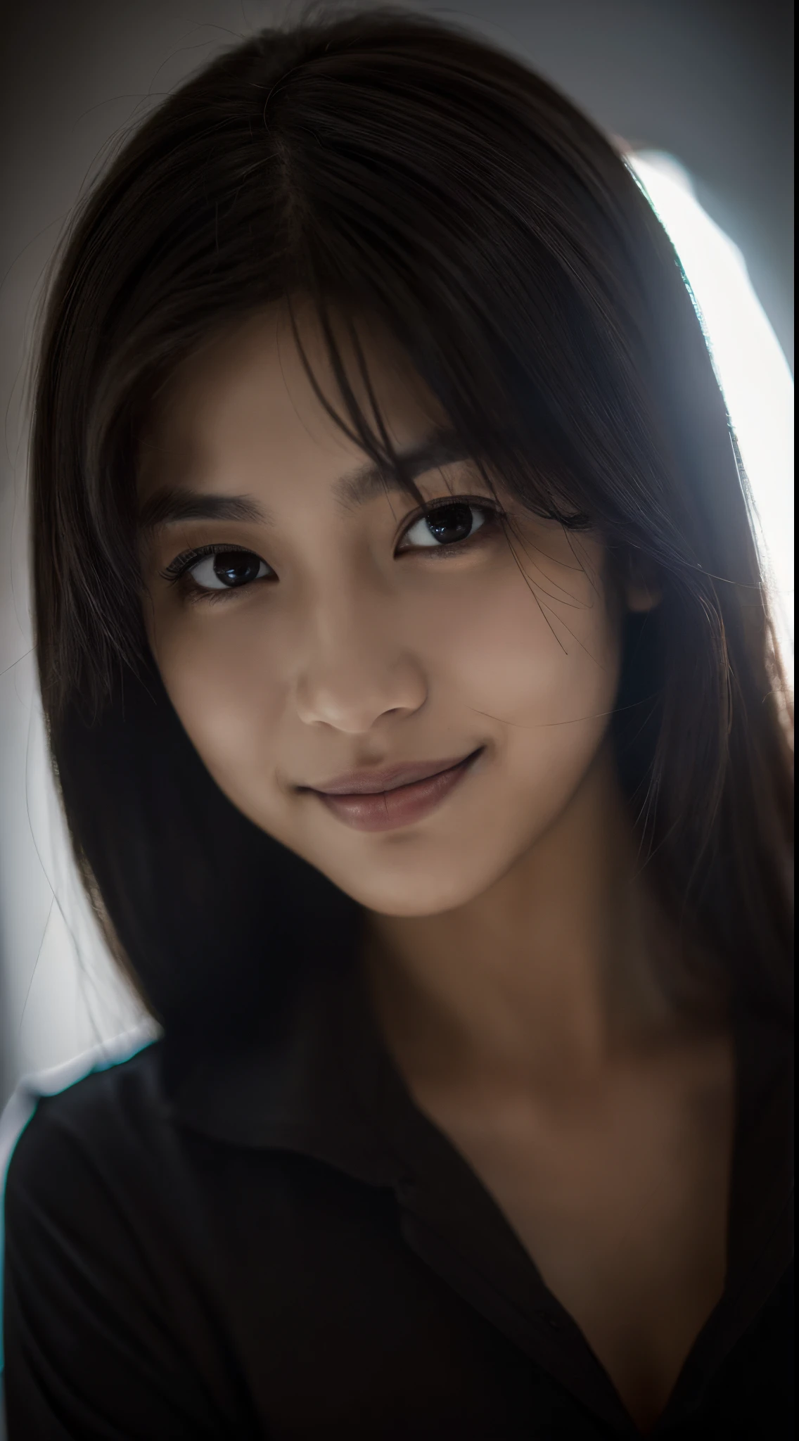 Highest Quality, Epic Realistic, ((In the pitch black darkness :1.4)), ((Portrait:1.5)),(Background: Dark ) High contrast ,amazing photo, Minimum Lux, lighting face, She is comfortable, Dark Plain Shirt, unbelievable, (8K, Raw photo, Highest Quality),(Epic Realistic:1.5), femele, Face,(Detailed eyes:0.8),(Looking at the camera:1.4), (Highest Quality), ( High contrast, Deep Shadows),Intricate details,Cinematic, (cabelos preto e longos:1.3), Long hair, Messy ,(nffsw:1.5),Superior Quality, masutepiece, Raw photo (20yr old, Looking at Viewer), Beautiful, (wearing a dark shirt,), Perfect, natural, Perfect composition, Portrait, Perfect face, Smiling expression, mesmerizing eyes, Bright details, tight lips, (high skin detail),Key lighting , (Backlight: 0.5), medium depth of field, Canon 5D, 50mm Lens, F/4 aperture, (Ultra-detailed, Complex Detail), Sharp Focus, Soft colors, 8K, Absurd, 80mm, Dark background, Photography, Smiling, Petite bust