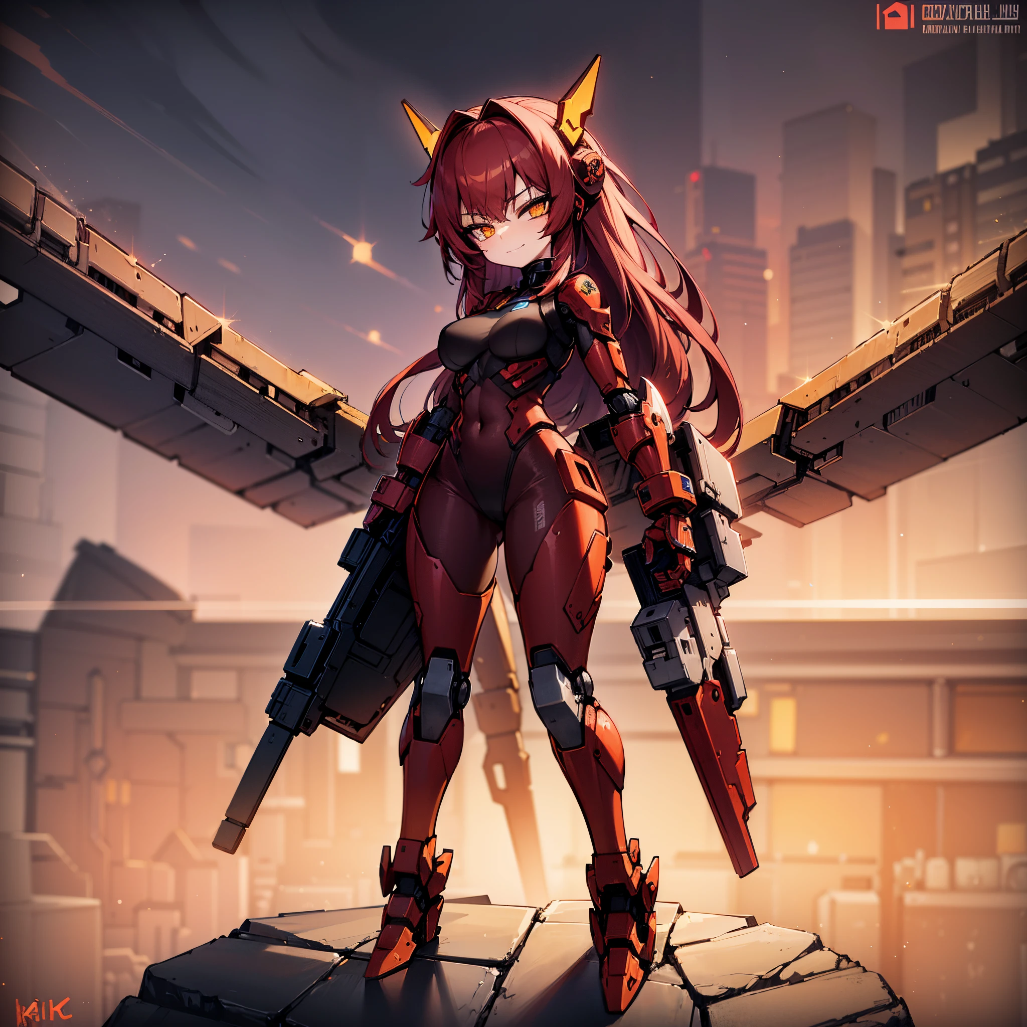 1girl, red hair, medium hair, olhos amarelos, sorridente, robot girl, Mecha , armadura de metal vermelho, Asas de ferro, segurando um rifle cyberpunk, floating robot, Sunset, Orange skye, 4k, master part, disco Rigido