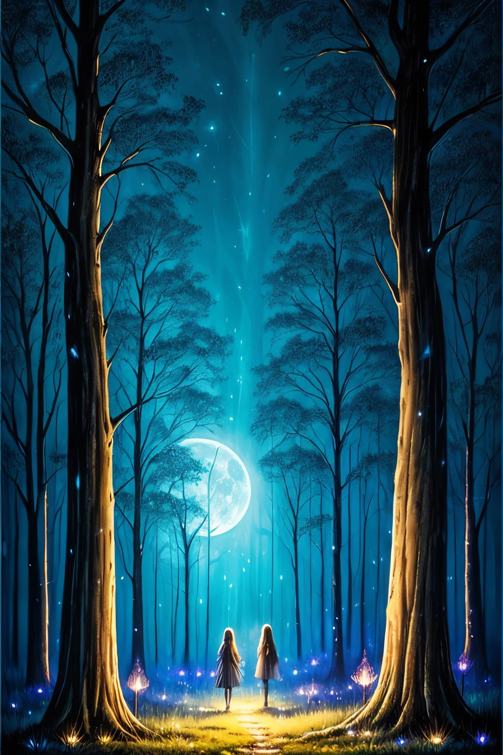 moonlit night, dark fantasy art, trees swaying, branches, bluish glow of fairy lights, hollowed insides of trees, eerie and gentle glow, fireflies