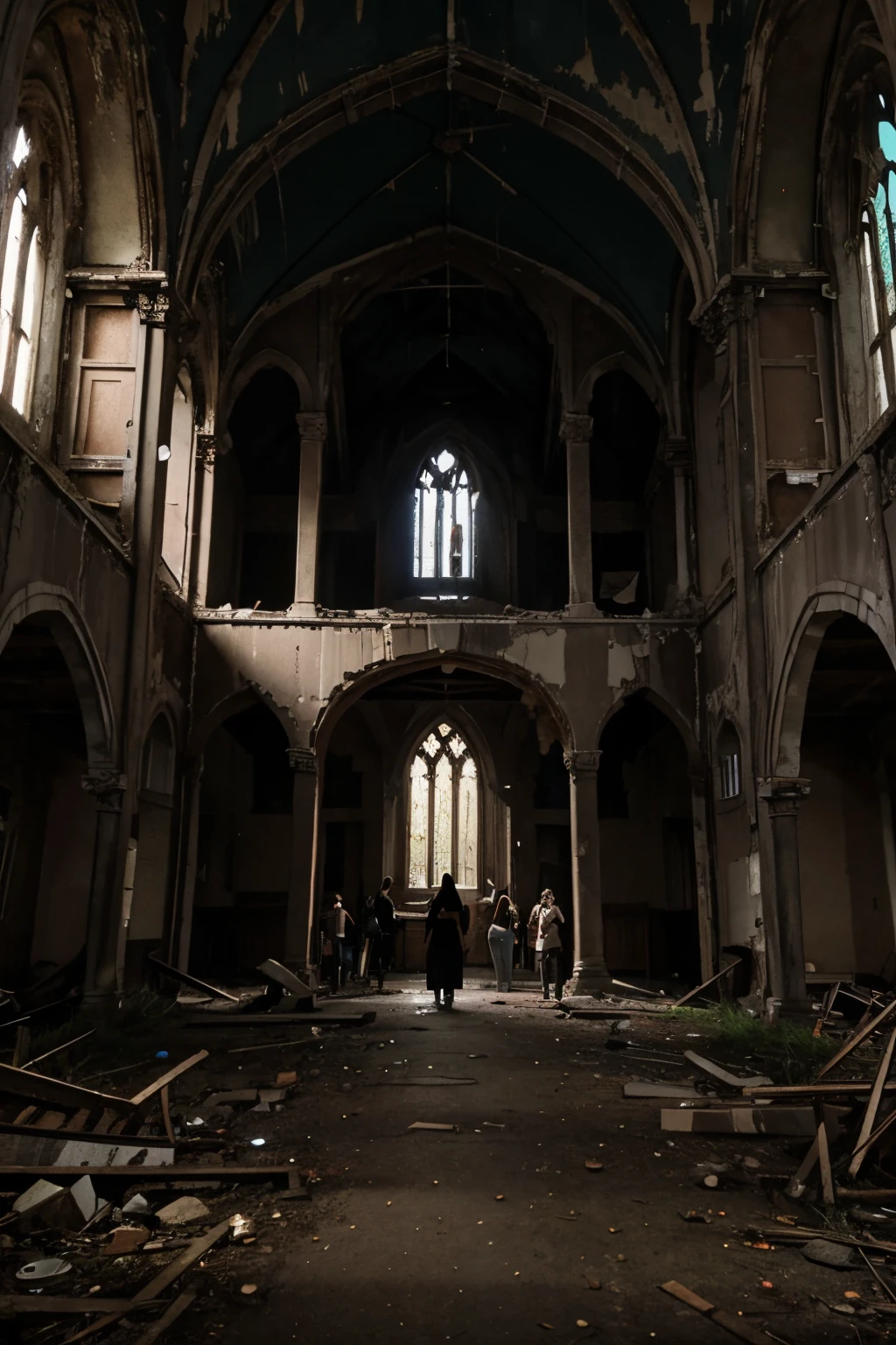 a group of people entering a spooky abandoned church for vlogging.