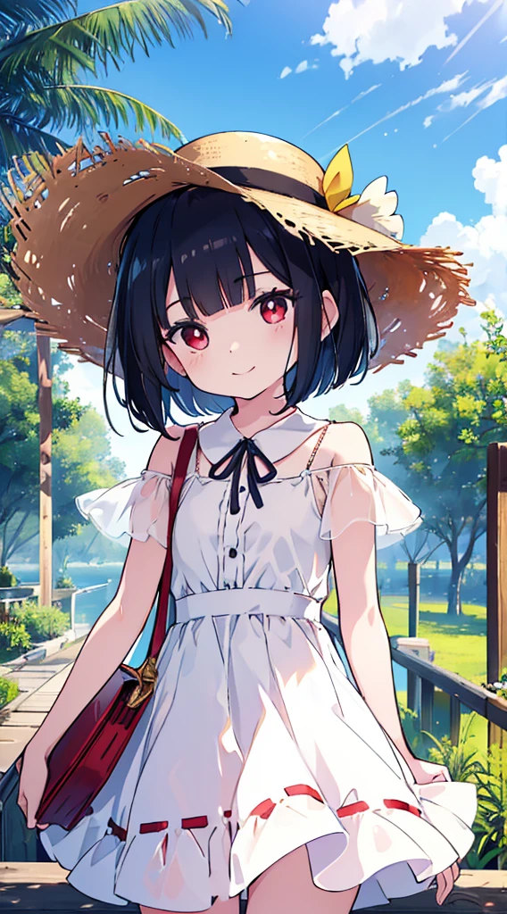 (8K、Top image quality、top-quality、​masterpiece)、1 loli、black hair bob cut、blunt bangs、red eyes、smil、Smaller chest、White dress、straw hat、blue open sky、cowboy  shot