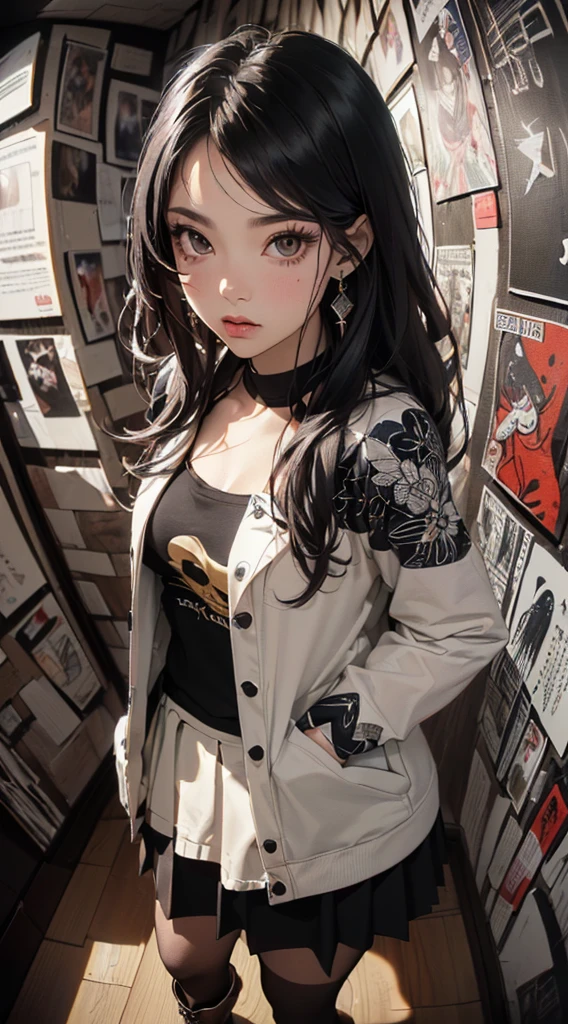 (((8k wallpaper of extremely detailed CG unit:1.2, ​masterpiece, hight resolution:1.2, top-quality:1.2, masutepiece))), ((a very beautiful woman, Hands in pockets:1.8, Grunge Fashion:1.2, wear a blouson:1.2, wearing skirt, wearing tights and boots)), ((extra detailed face, Highly detailed black eyes, extra detailed body, Top quality real texture skins)), (A dark-haired, length hair, de pele branca, Small:1.2), ((Colorful geometric patterns are painted all over the wall., Colorful wall)), (high-angle:1.2, a closeup, Fisheye:1.4), hyper realisitic, digitial painting,