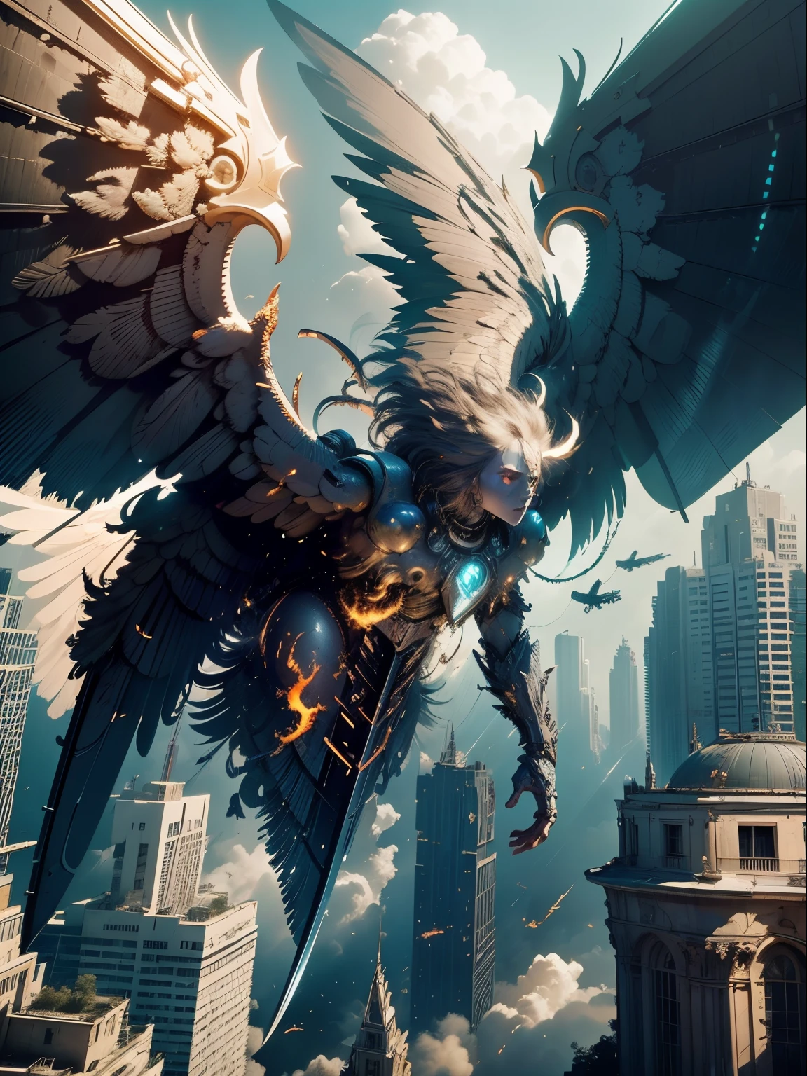 detailed face, super low angle, (halo), (flying seraph), (long and wide 12 wings), thick sword on fire, ruins in the city, skyscraper, impact, high speed, flame, necklace on fire, (battle field), 3 fighter jet,