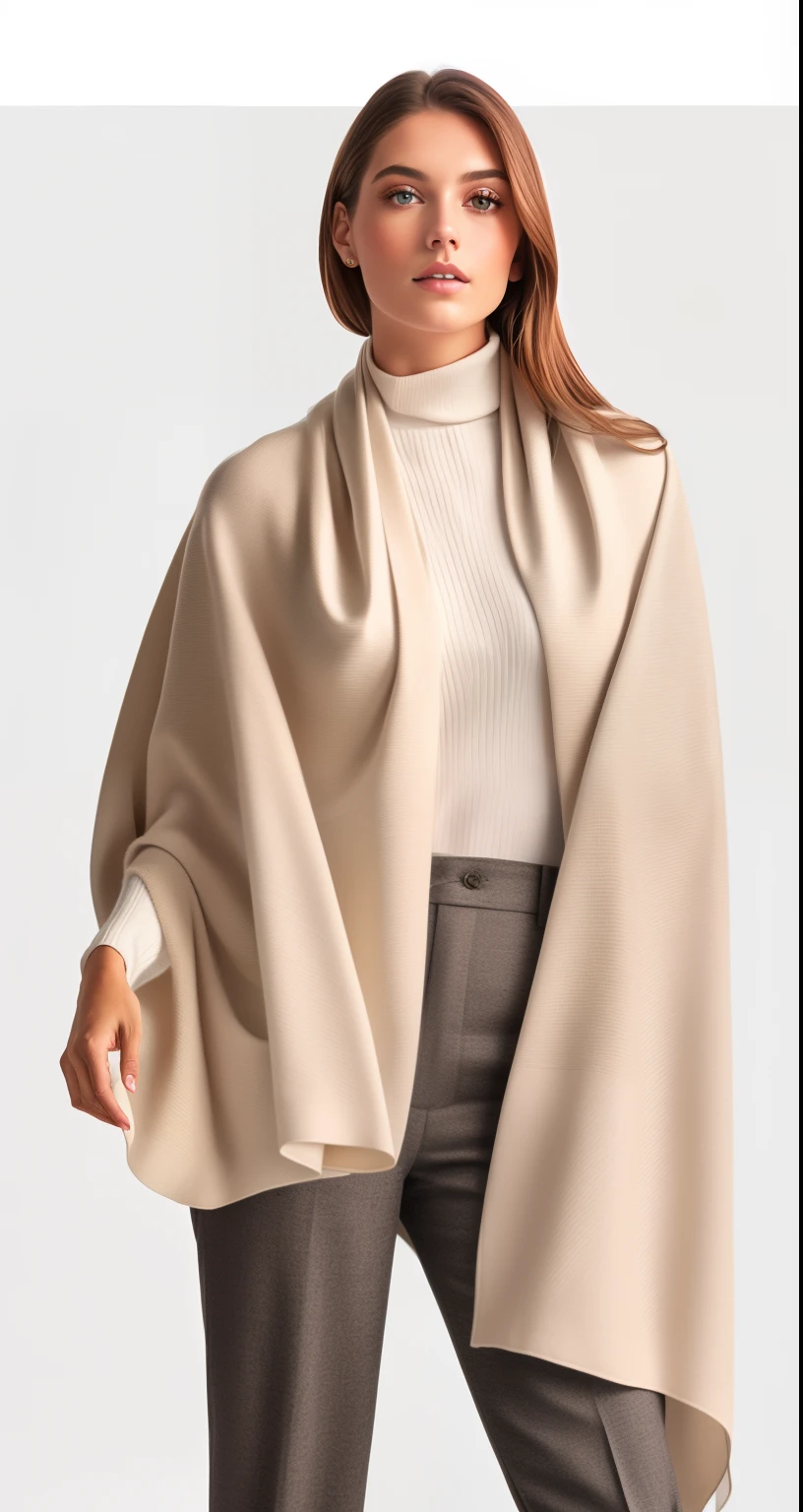 A LADY MODEL WEARING A WHITE SHAWL with a white turtle neck sweater, shawl, scarf, long cape, WHITE, large cape, elegant cape, wearing a scarf, wearing a brown cape, flowing WHITE scarf, wearing shoulder cape, taupe, WHITE colors, long hair shawl, designed for cozy aesthetics!, ecru cloth