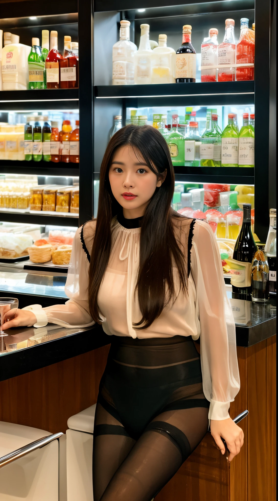 ulzzang -6500-v1.1, (Raw photo:1.2), (Photorealsitic), (See-through:1.3), (Real:1.4), upper class bewitching woman、1femele、luxury silk blouse:1.2, (Ultra-realistic pantyhose:1.2), No skirt、small luxury lace panties、Pantyhose Focus、Sit at the bar counter、Cross your legs、Inviting look、