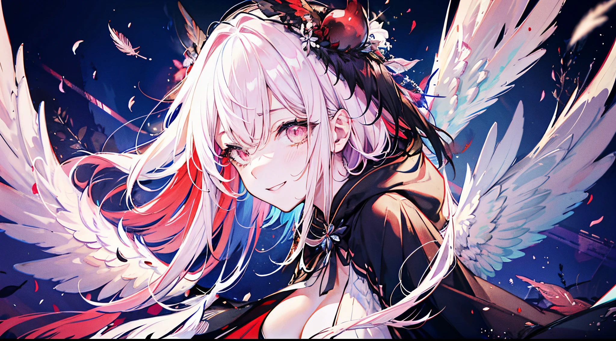 ((tmasterpiece:1.4,Best quality))+,(hyper-detailing)+,(Ultra-detailed eyes)+,(winged ears:1.5),
(cute girls),15year old,(Crimson pupils:1.15),Long dark blond hair,long braid,Bushy hair(wariza:1.2),pale-skinned,Stupid smile,red rhombus crystal,red bird feathers,vacant eyes,black lip
(She wore a conservative red and yellow bird feather coat,Black pattern,:1.5),(Starry Sky Cloak:1.4)The sleeves are long,Red bird feather headdress,Wings of Fire,baiyun,A sea of red leaves and trees,Dream bubbles,cawing ravens,rednails,sun crown,red apple,Red Lotus,leather pant
(bird feathers:1.1),
(dawn light:1.2),
(Thick black and white:1.16),(depth of fields:1.4),,Complicated details,((tmasterpiece:1.4,Best quality))+,(hyper-detailing)+,(Ultra-detailed eyes)+,(White leg rings:1.5),Black Crow
(cute girls),15year old,(red eyes:1.15),black hair color hair,cabelos preto e longos,(wariza:1.2),pale-skinned,Cold,ssmile,a seductive smile
(She wears a gray hooded trench coat,There are fluff on it:1.5),(black long dress:1.4),White shirt and white stockings,whitegloves,littleredridinghood,lean legs,pigeons
(flocks of crows:1.1),
(dawn light:1.2),white colors,
(Thick black and white:1.16),(depth of fields:1.4),Complicated details,color mixing,Detailed route,Excellent,super detailing,The content is very detailed,(hight contrast:1.11),ventania,Amazing cleavage,beautidful eyes,messy hair,(best illuminate,Extremely Delicately Beautiful), ((movie light lighting)), (seen from the side:1.3),8K,tmasterpiece,Best quality at best,cinematic Film still from,1 plump girl,floating in sky,Intertwined clouds,clouds,(Close-up cleavage:1.1),bright,cheerfulness,Interesting,gentlesoftlighting,(bauhause,shape,line engineering,Abstract:1.1)offcial art, Unity 8k壁纸, ultra - detailed, Beautiful and beautiful, tmasterpiece, Best quality at best, (dynamic angle:1.4),romantic depth of field exotic_dance,PerfectNwsjMajic,(tmasterpiece,top-quality,Best quality at best,offcial art,Beauty and aesthetics:1.2),The content is very detailed,rich colourful,highest details,