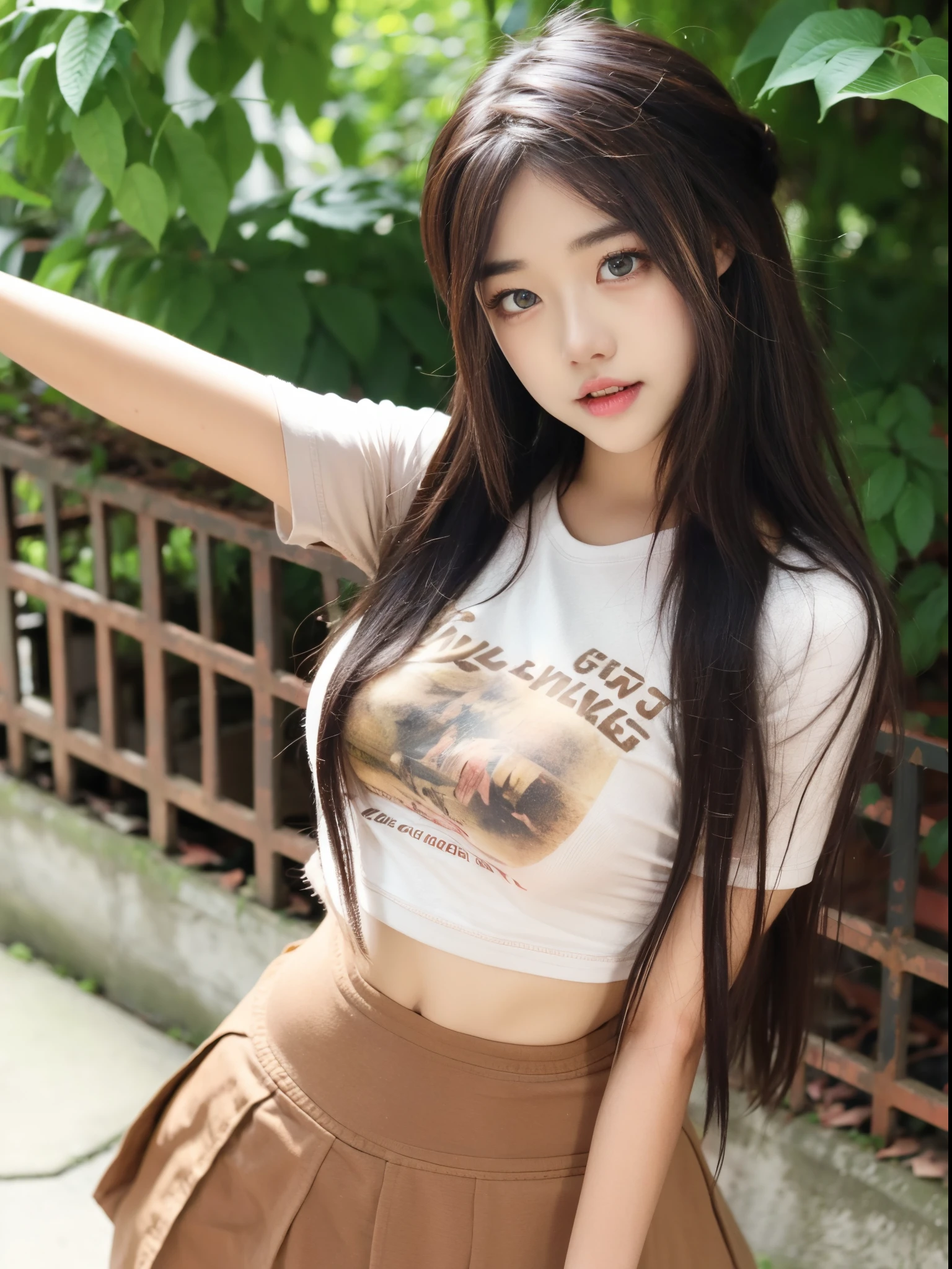 1个Giant Breast Girl, Alone, Brown eyes, Brown hair, long whitr hair, looking at viewert, 校服, tmasterpiece ,The upper part of the body