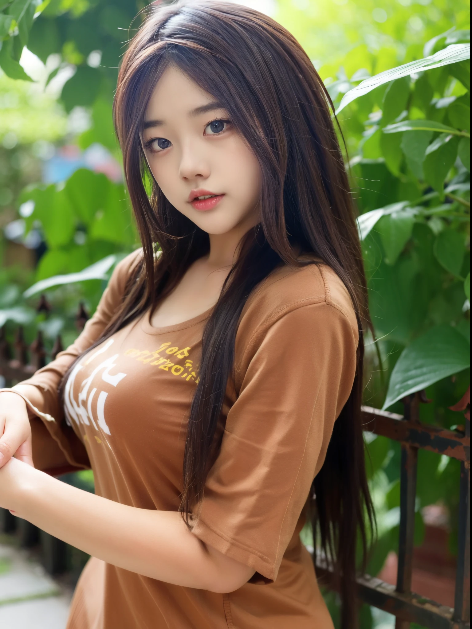 1个Giant Breast Girl, Alone, Brown eyes, Brown hair, long whitr hair, looking at viewert, 校服, tmasterpiece ,The upper part of the body