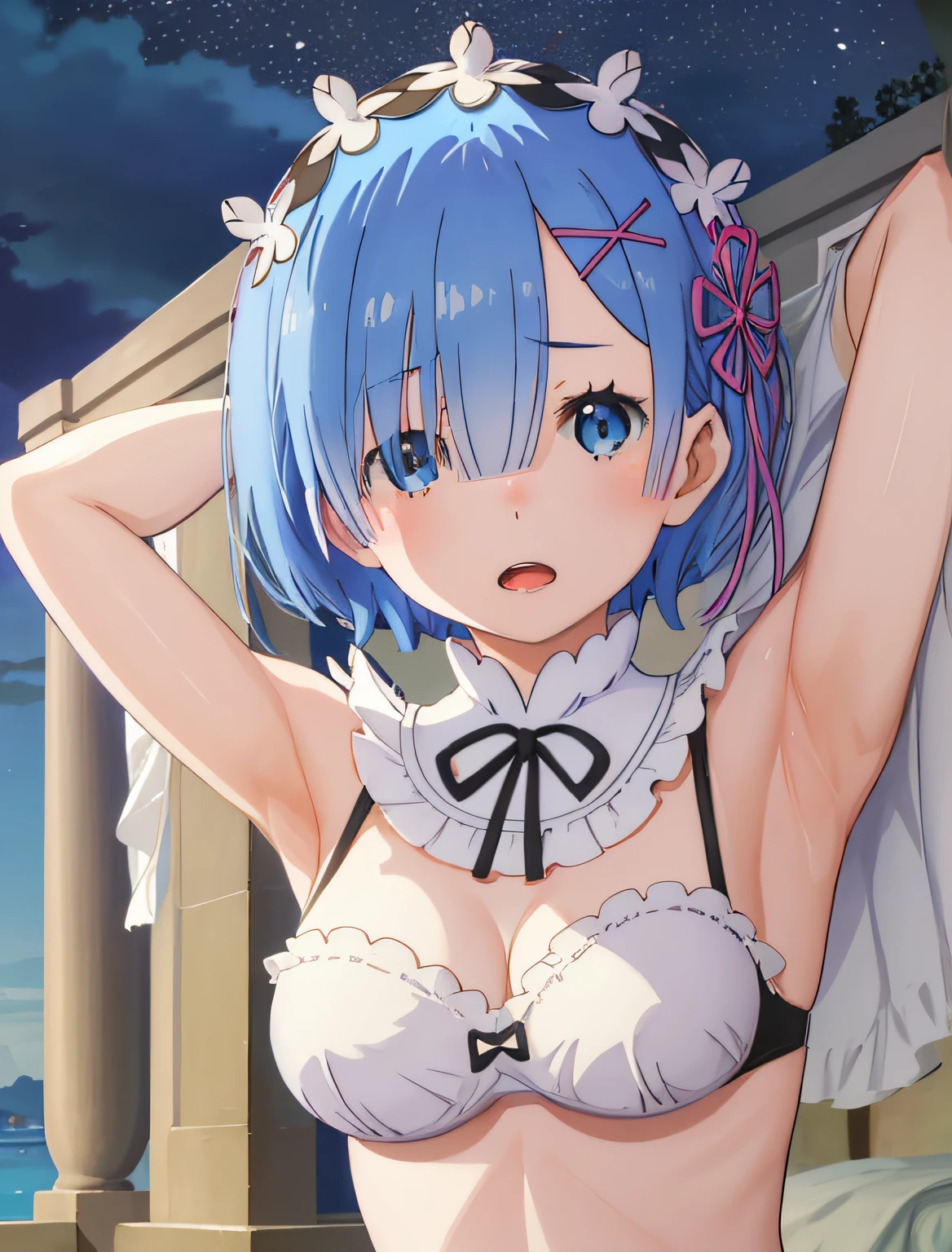 best quality, masterpiece, phRem, 1girl, blue hair, solo, maid, roswaal mansion, looking at viewer, open mouth, anime coloring, maid headdress, upper body, colorful, night, house, bed, armpits, bikini, breasts, belly, wet armpits, big breasts, low light