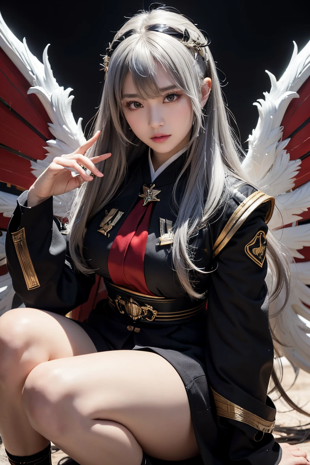 1 Japanese、War Frame、Prime、Si Prime、Bolt Prime、saryn prime dynamic pose、complex pattern、heavy-metal、energy line、Faceless Glowing Eyes、With long silver hair、wind blown hair、elegent、vehement、Blood red and black uniform、Bloody wings、独奏、A desert、Sunny、with light glowing、toenails、 Dramatic lighting、 (masterpiece:1.2)、top-quality、hight resolution、beautifuldetails、ighly detailed、Perfect litthing、Stroke Hua、frombelow