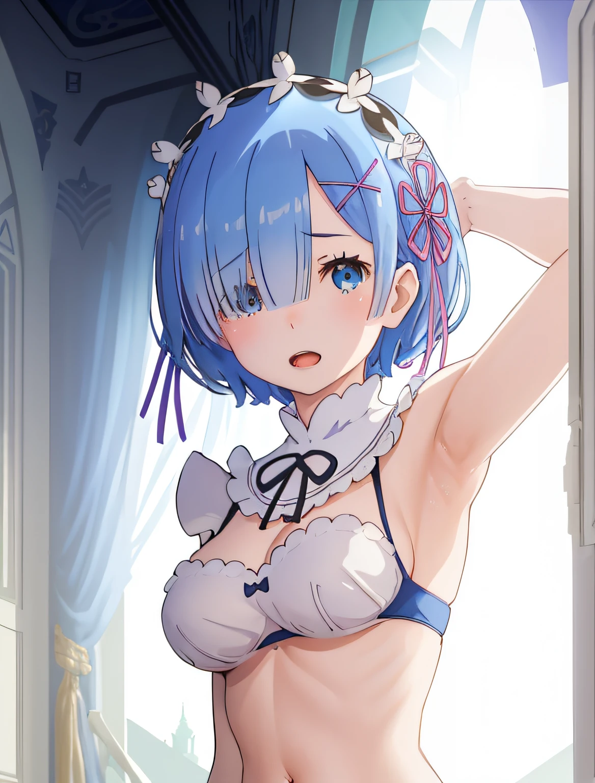 best quality, masterpiece, phRem, 1girl, blue hair, solo, maid, roswaal mansion, looking at viewer, open mouth, anime coloring, maid headdress, upper body, high contrast, colorful, night, house, bed, armpits, bikini, breasts, belly, wet armpits, big breasts,ass